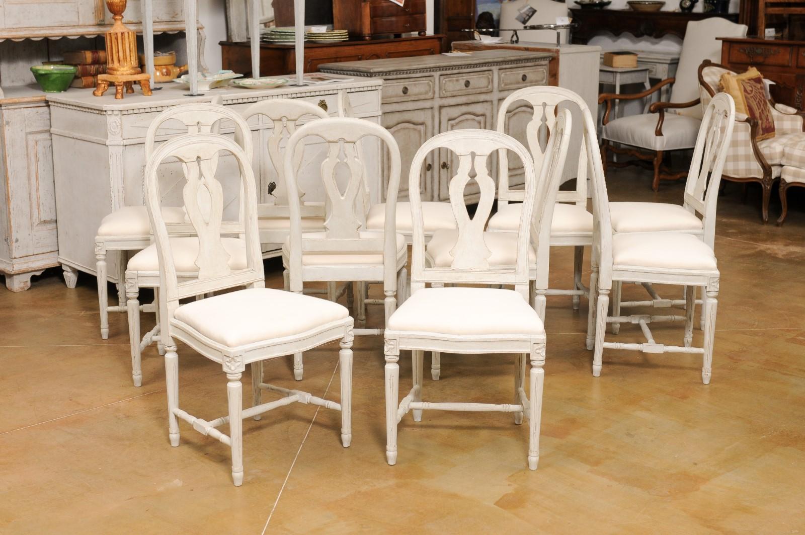 Set of 11 Swedish Painted Dining Room Chairs with Carved Splats and Upholstery For Sale 1