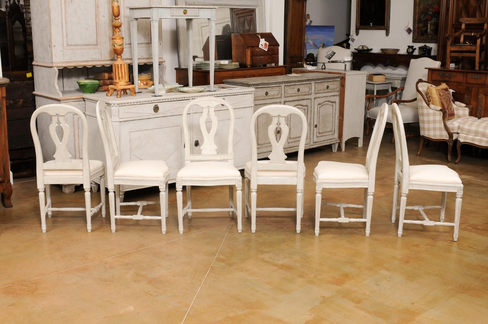 Set of 11 Swedish Painted Dining Room Chairs with Carved Splats and Upholstery For Sale 2