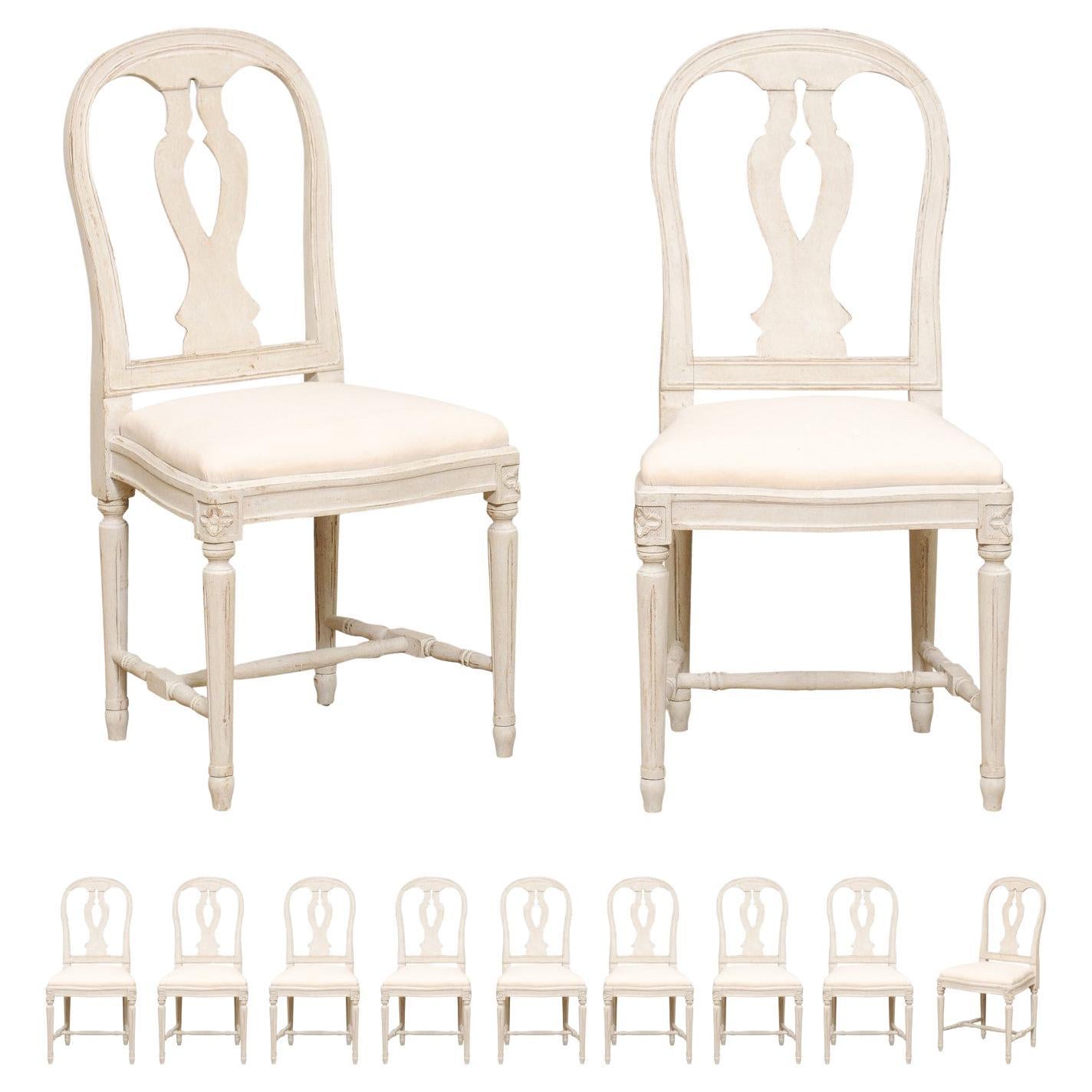 Set of 11 Swedish Painted Dining Room Chairs with Carved Splats and Upholstery For Sale