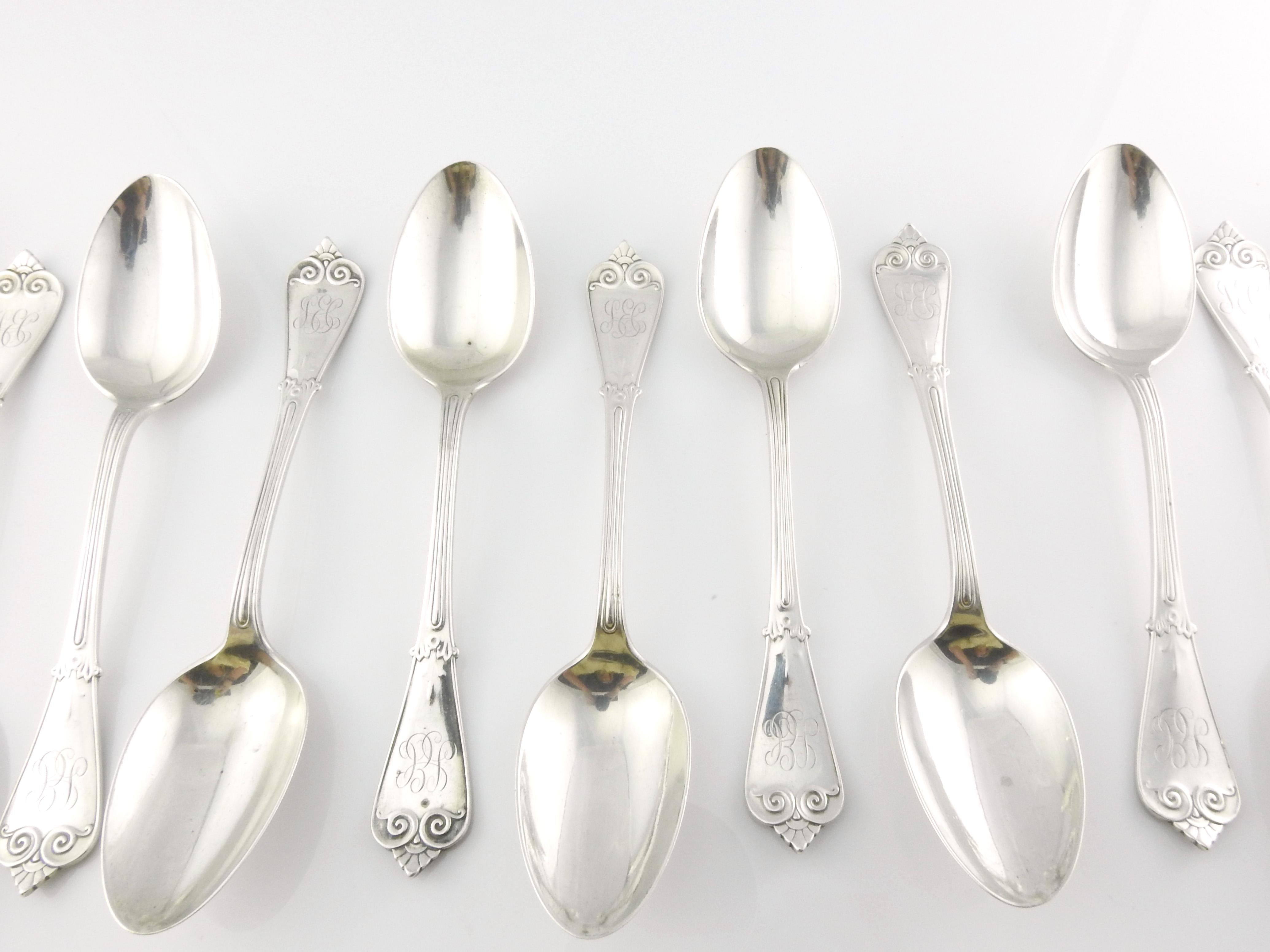Set of 11 Tiffany & Co. solid sterling silver oval soup spoons in the Beekman pattern.

Marked: TIFFANY & CO STERLING PAT 1896

Monogram appears to be JEC

Each spoon measures: 7
