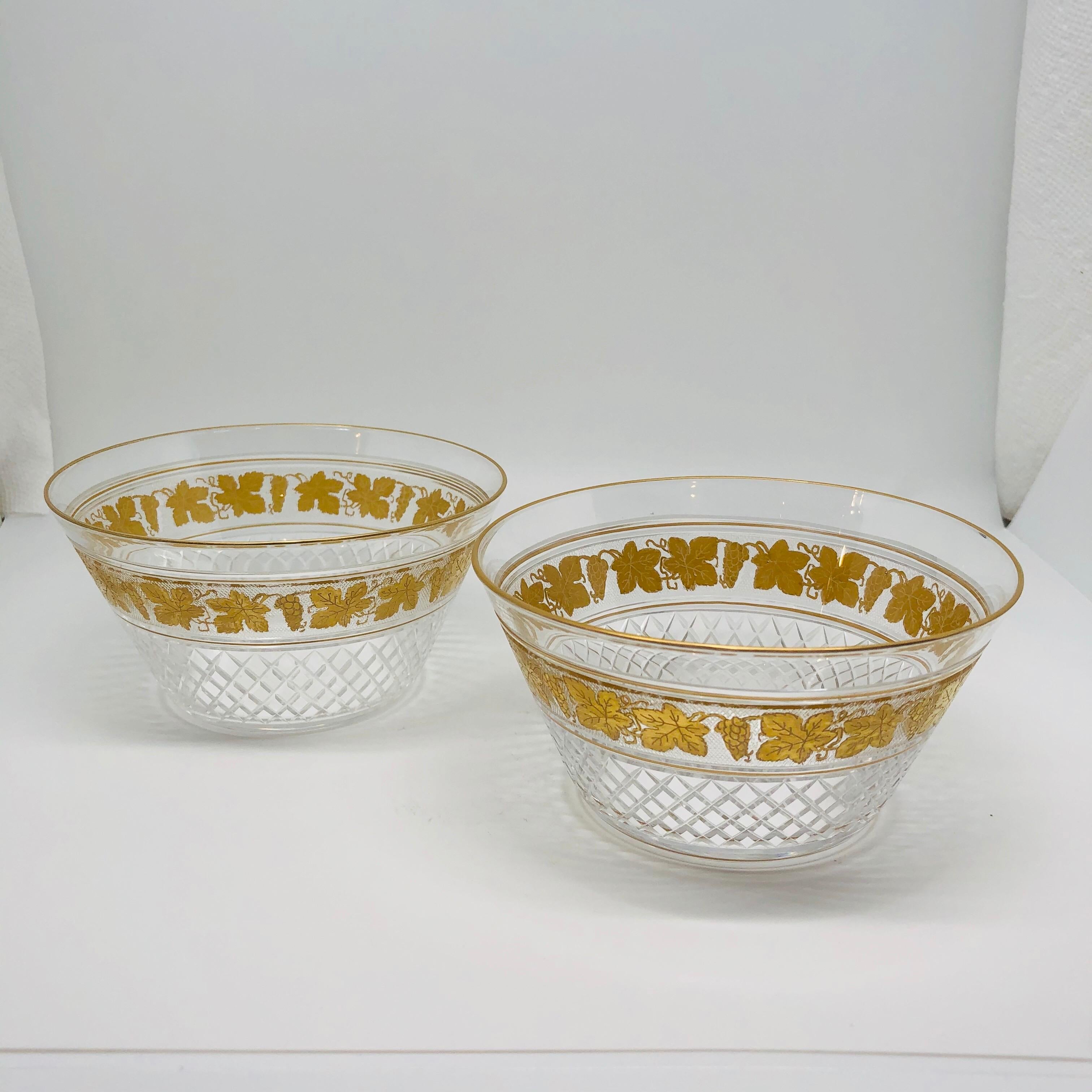 Set of eleven Belgium Val Saint Lambert crystal and cut glass bowls with gilded leaf decoration. These would be a perfect addition to your dining pleasure. You can use these to serve a delicious appetizer course or dessert. Diameter of top of bowl