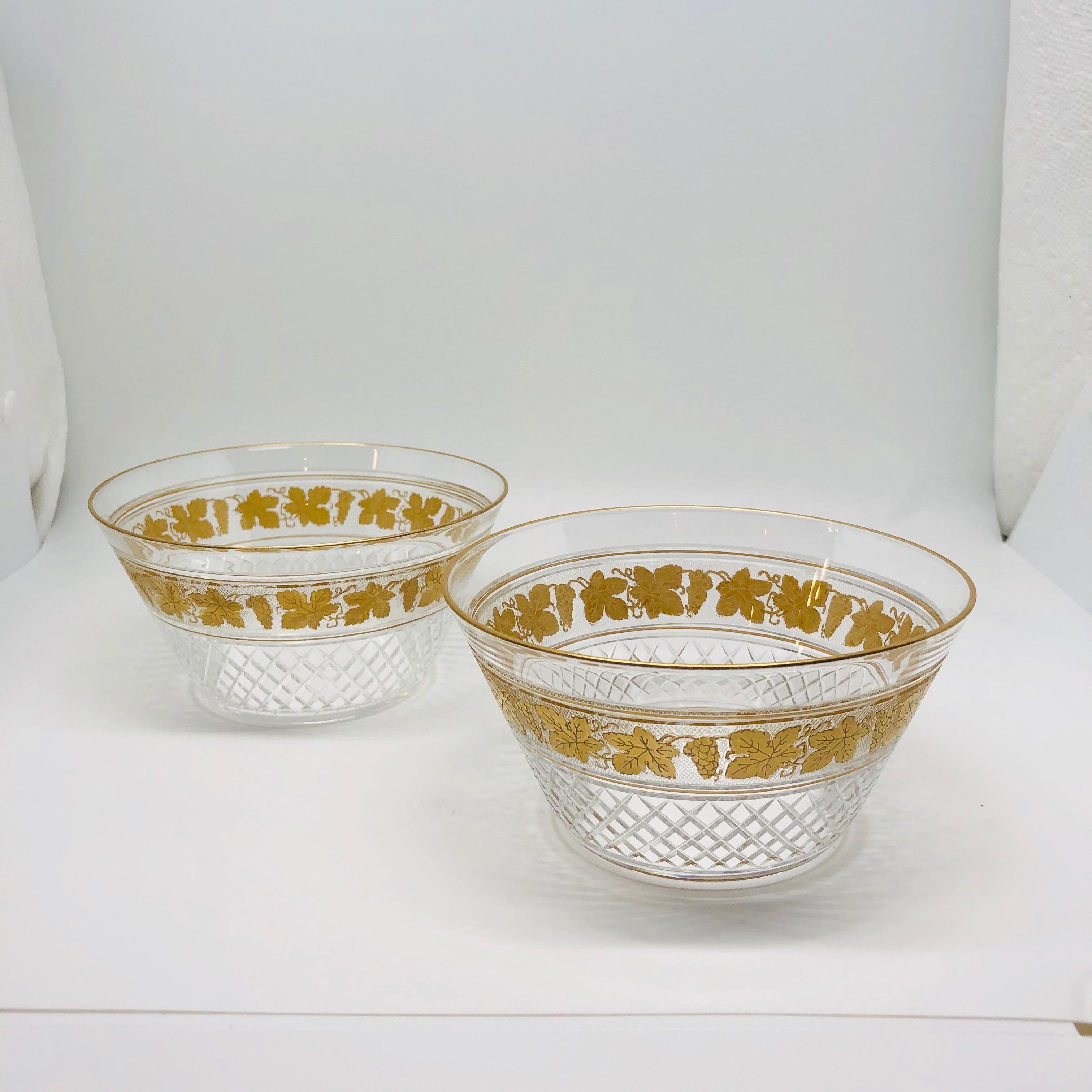 Gilt Set of 11 Val Saint Lambert Crystal Cut Glass Bowls with Gilded Leaf Decoration