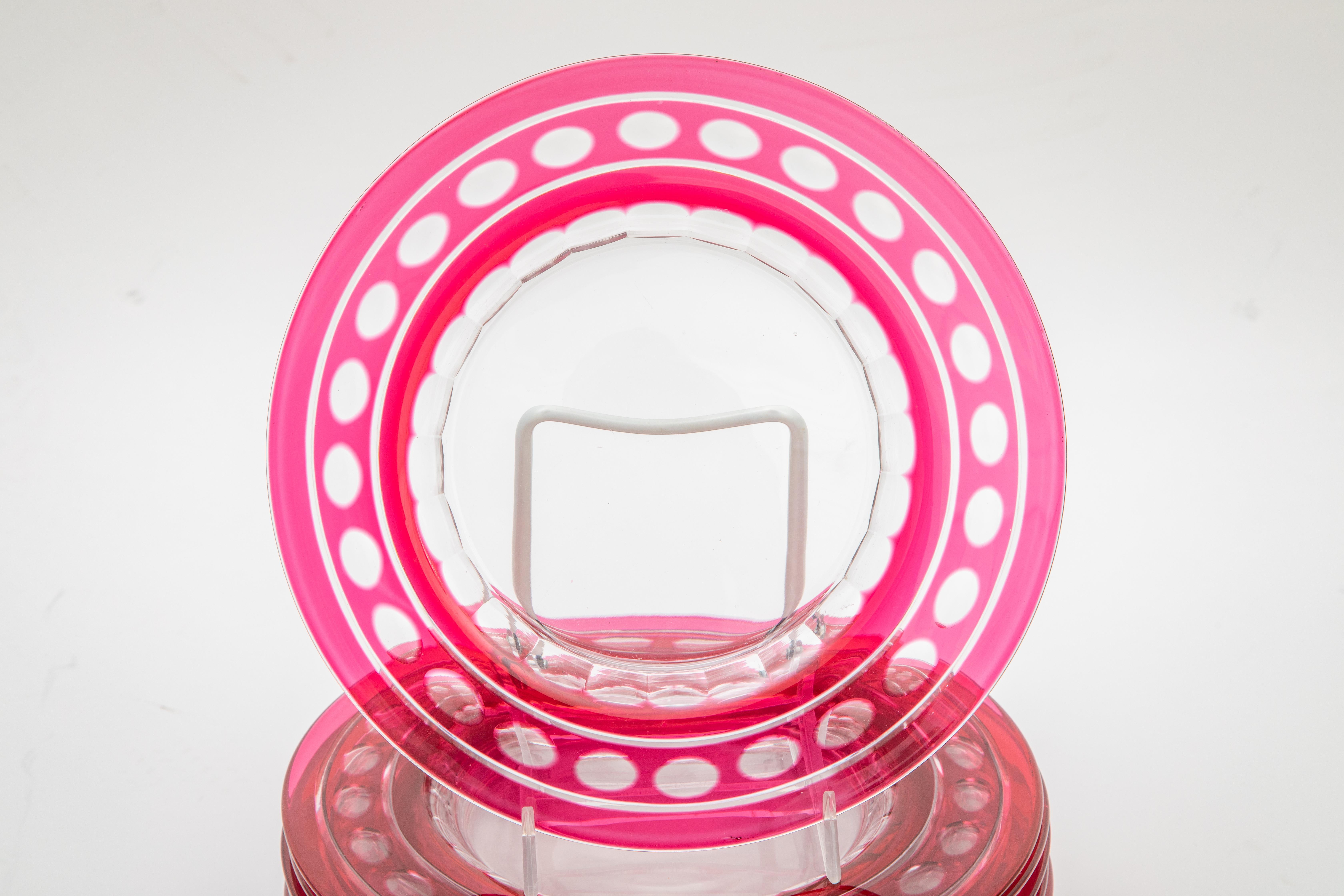 Belgian Set of 11 Val Saint Lambert Ruby Clear Crystal Glass Plates. Antique Circa 1920