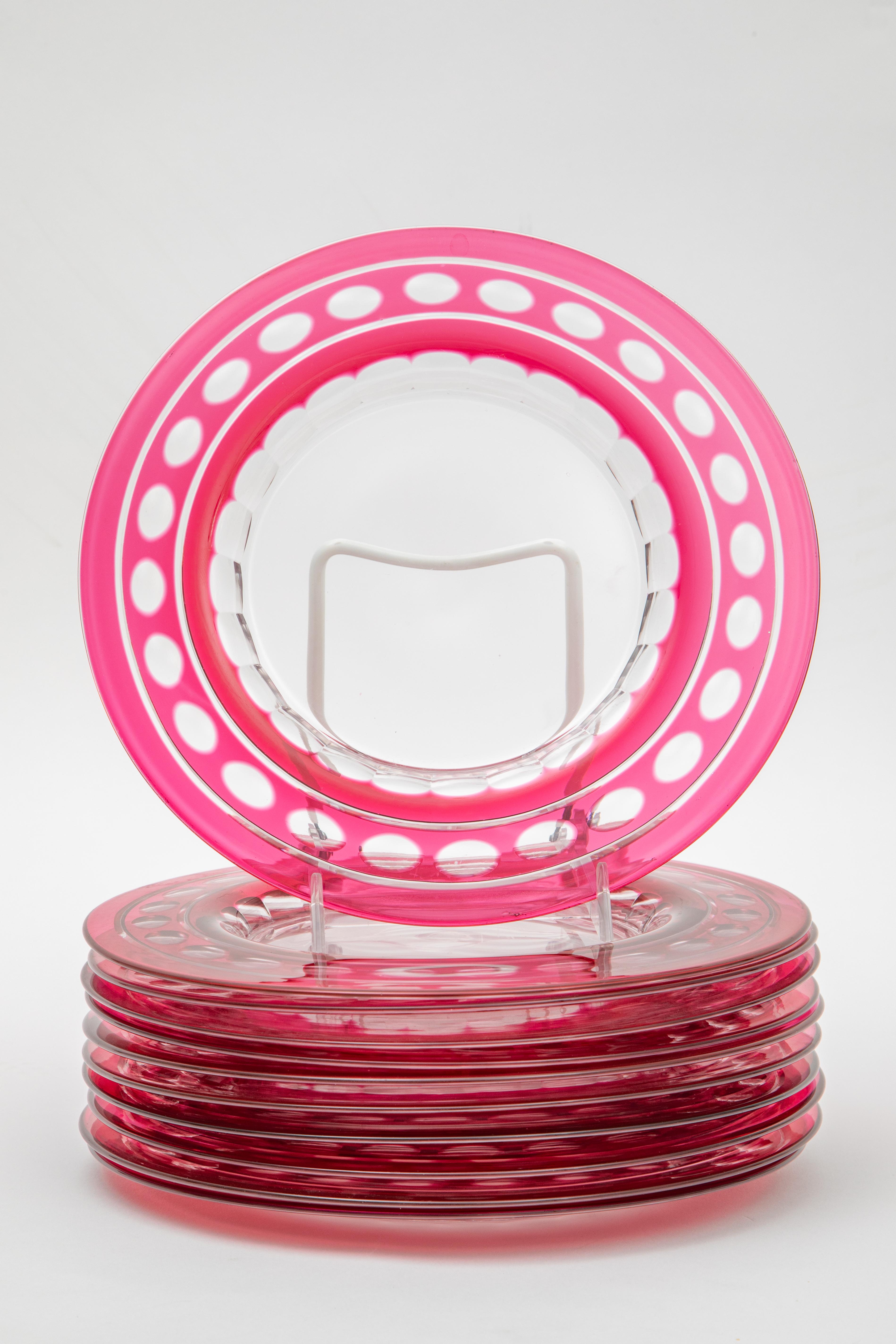 Early 20th Century Set of 11 Val Saint Lambert Ruby Clear Crystal Glass Plates. Antique Circa 1920