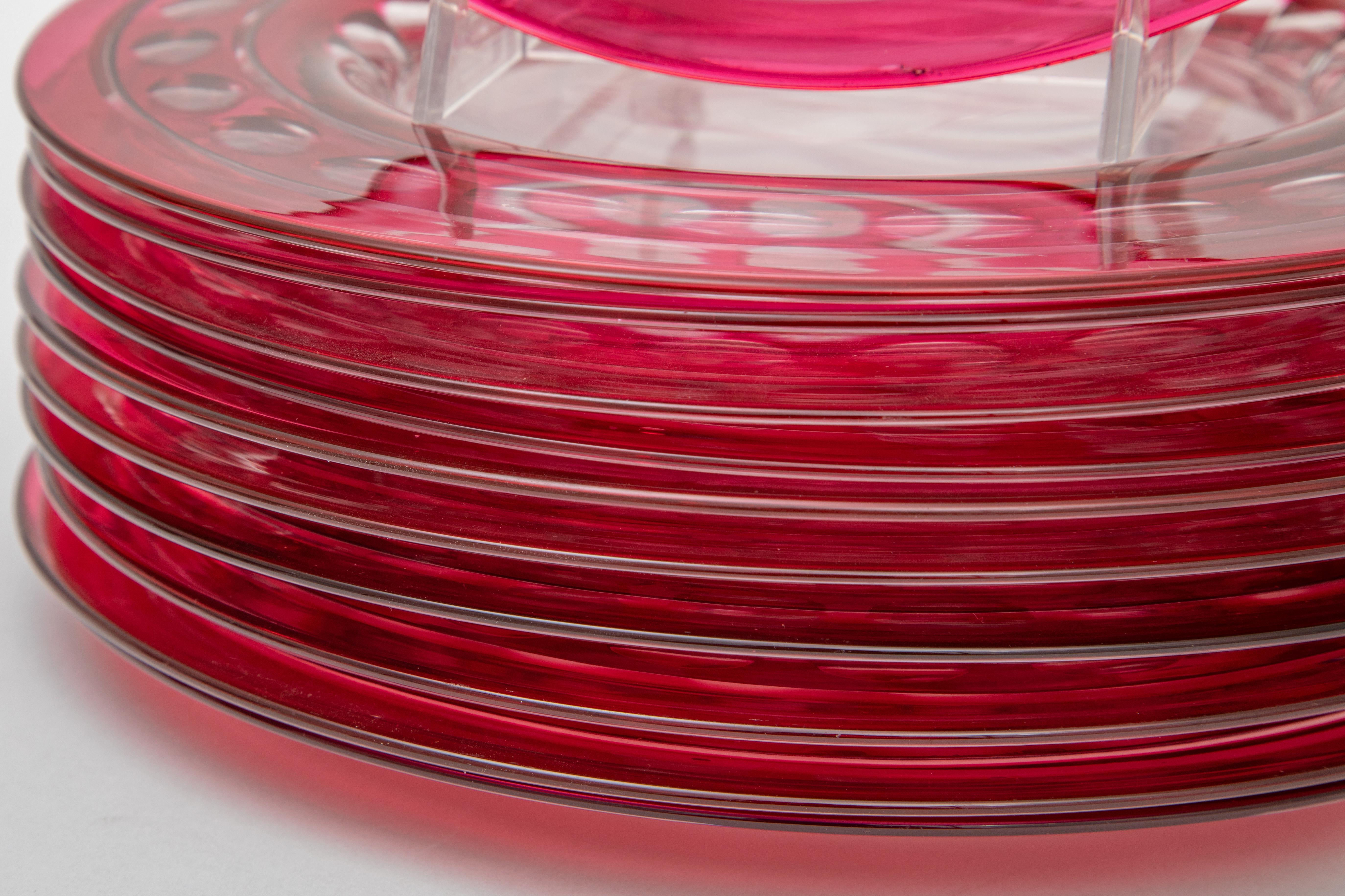 Set of 11 Val Saint Lambert Ruby Clear Crystal Glass Plates. Antique Circa 1920 1
