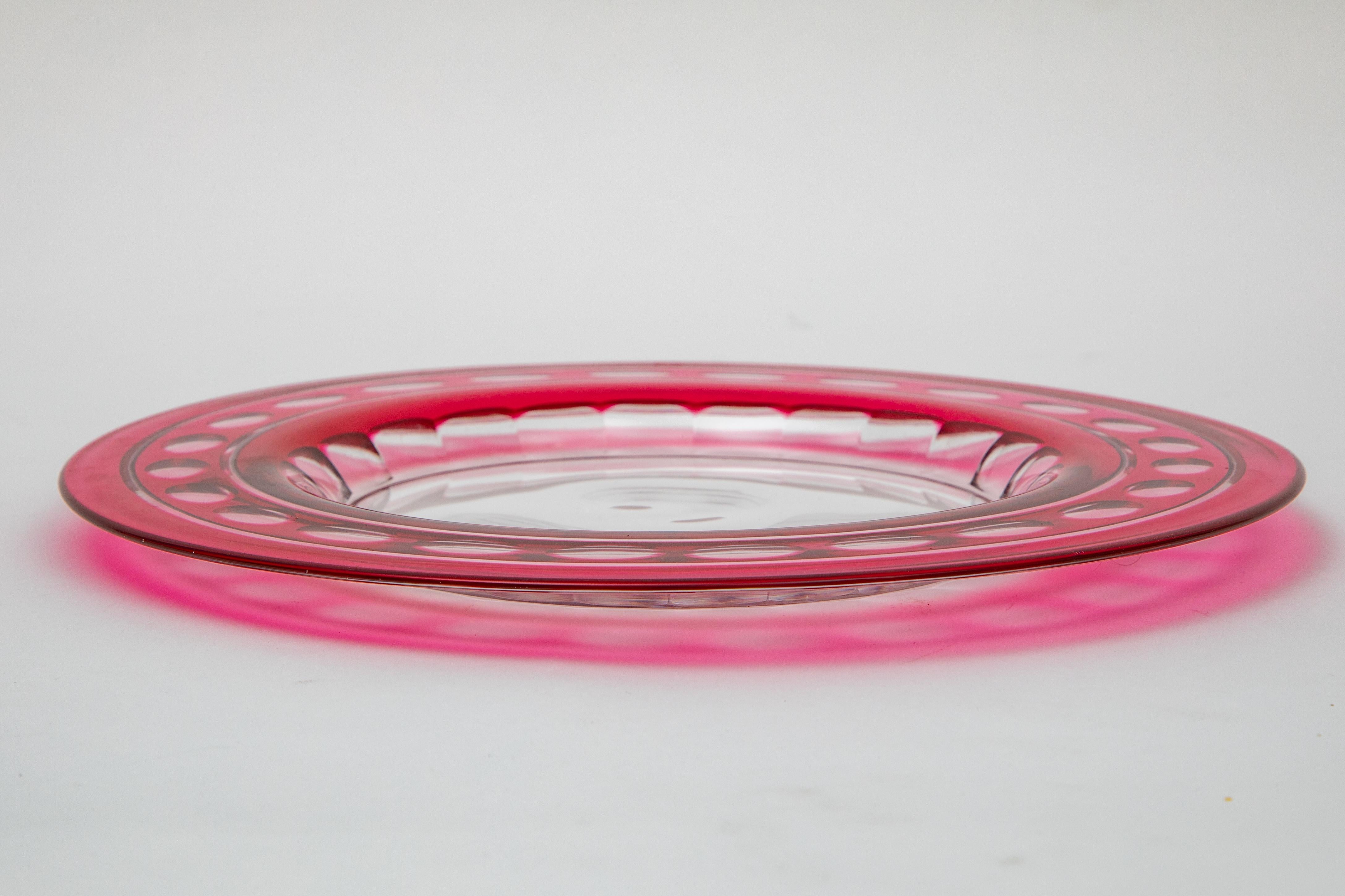 Set of 11 Val Saint Lambert Ruby Clear Crystal Glass Plates. Antique Circa 1920 2