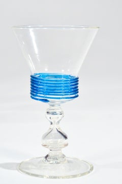 Set of 11 Venetian Murano Handblown Wine Goblets with Applied Turquoise Reeding