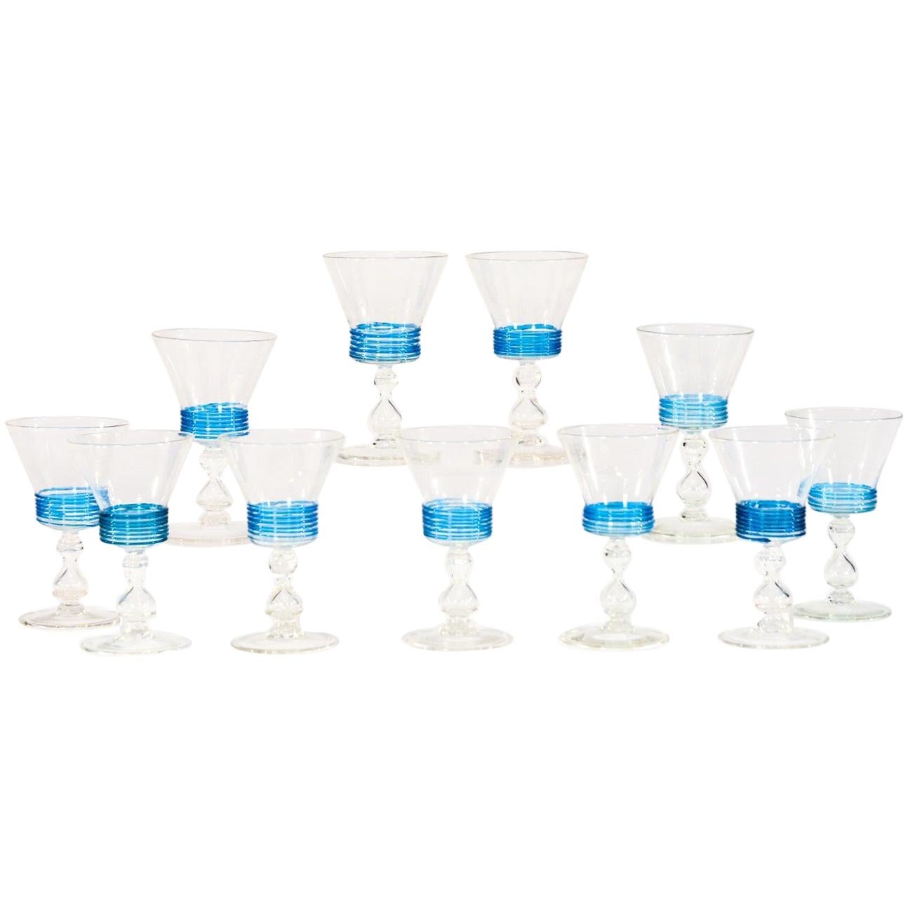 Set of 11 Venetian Murano Handblown Wine Goblets with Applied Turquoise Reeding