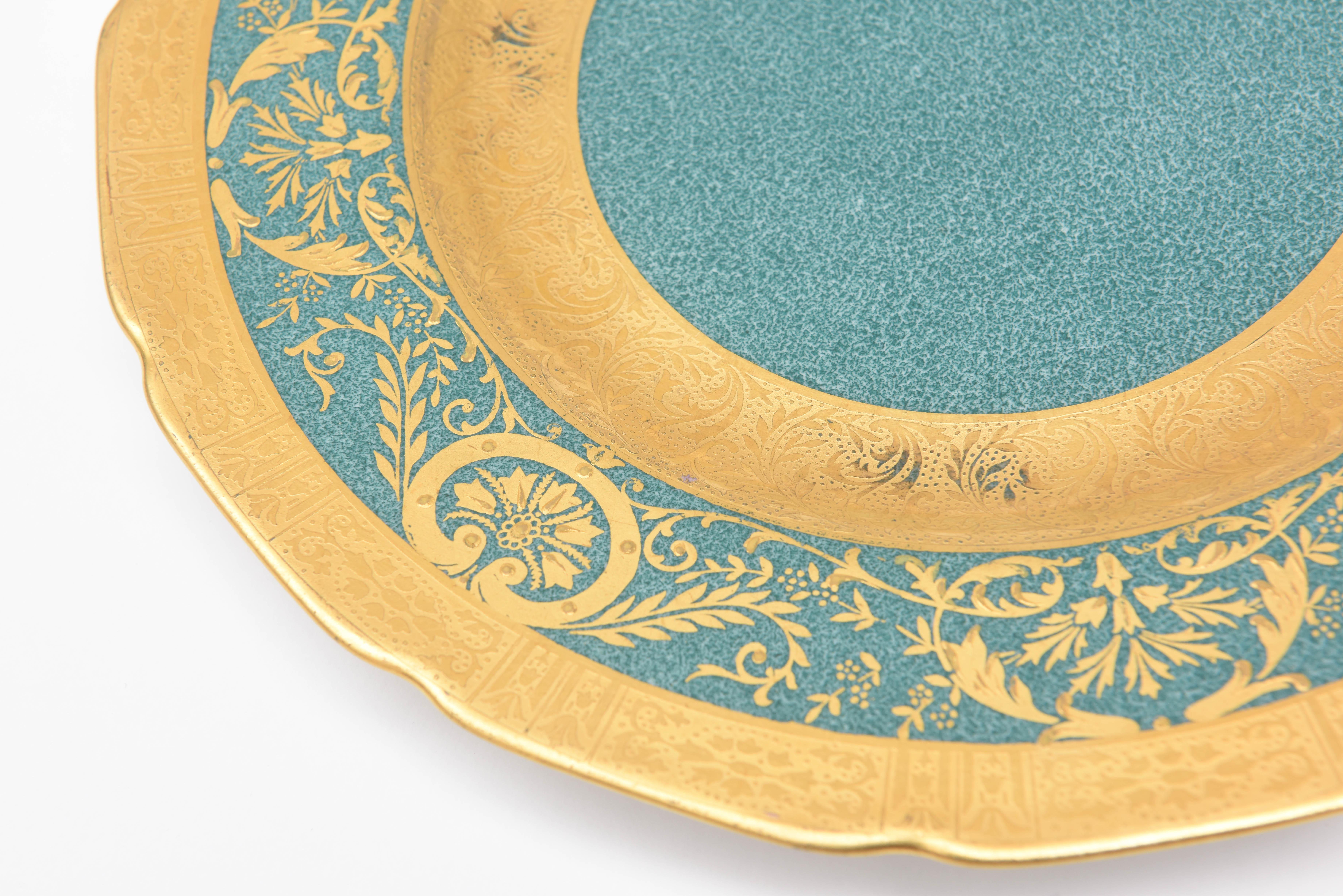 English Set of 11 Vibrant Teal or Turquoise Green and Gilt Encrusted Dessert Plates