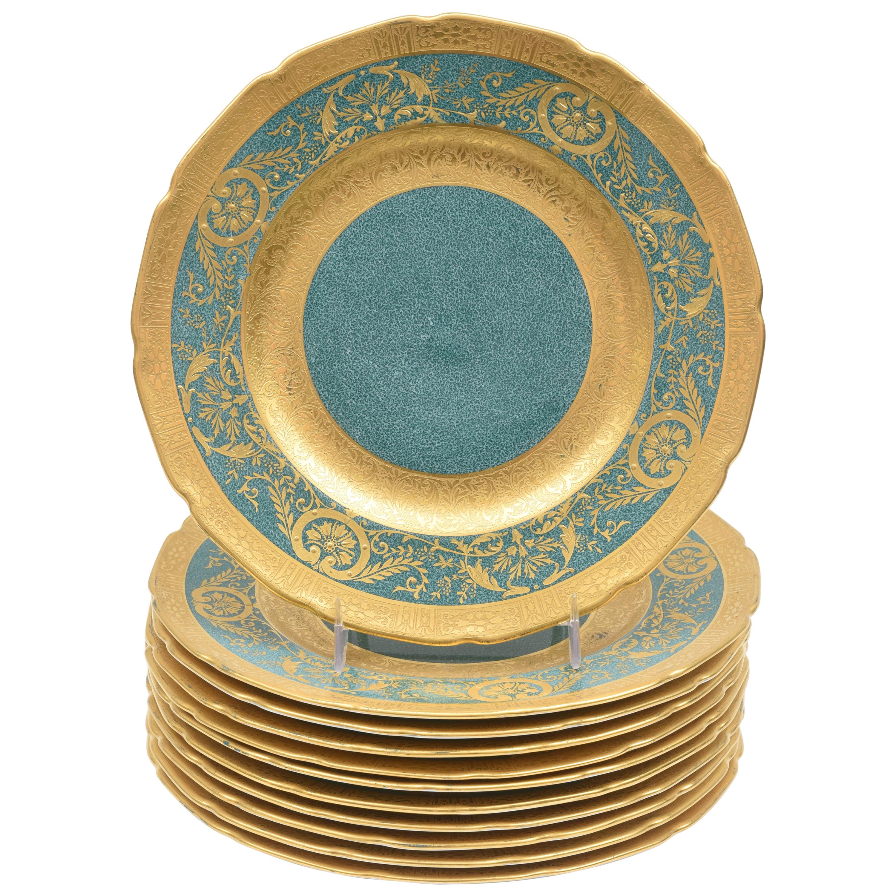 Set of 11 Vibrant Teal or Turquoise Green and Gilt Encrusted Dessert Plates
