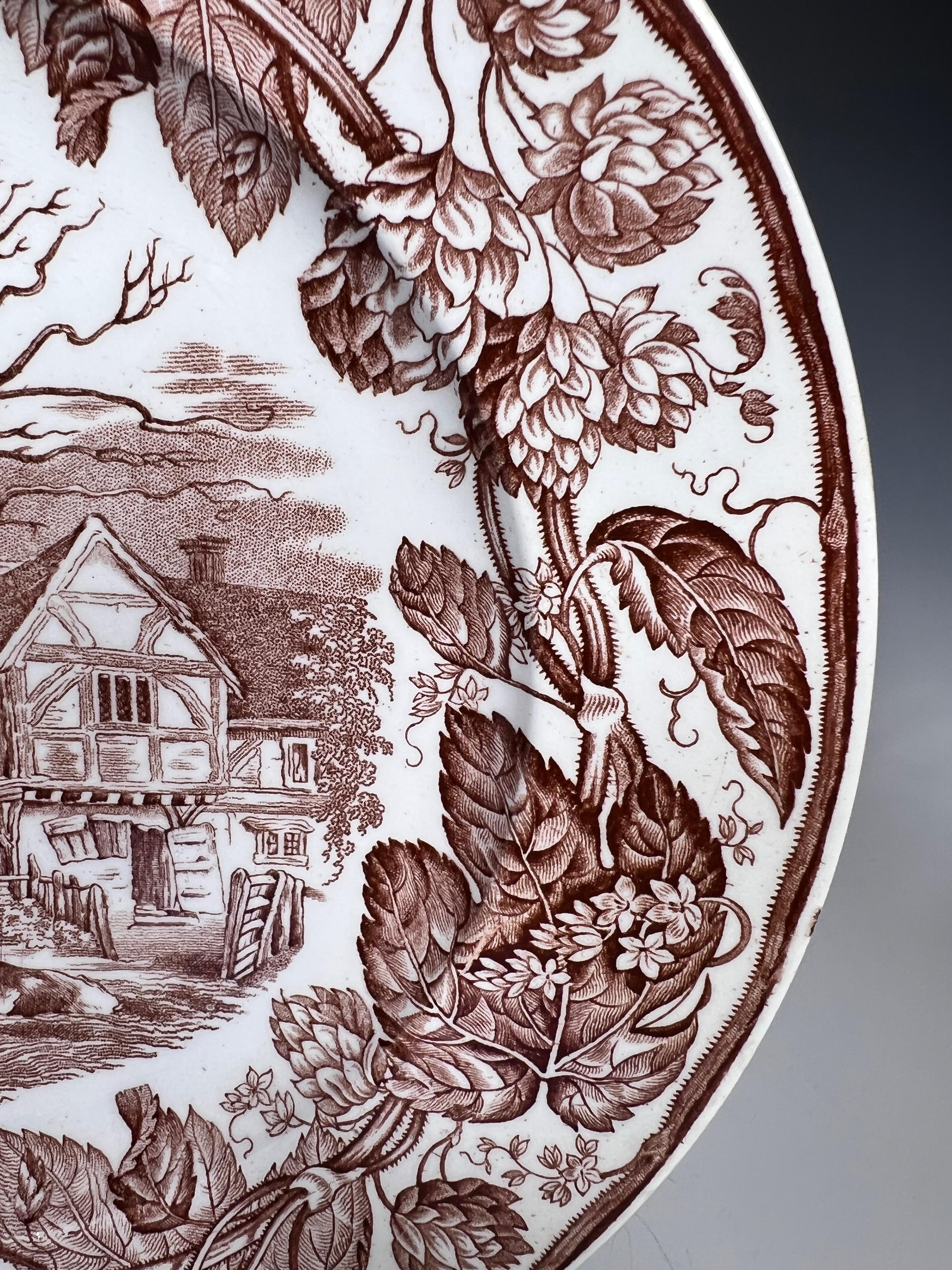 English Set of 11 W. T. Copeland Brown Transfer Dinner Plates w/ Cows & Cottage Ca. 1883 For Sale