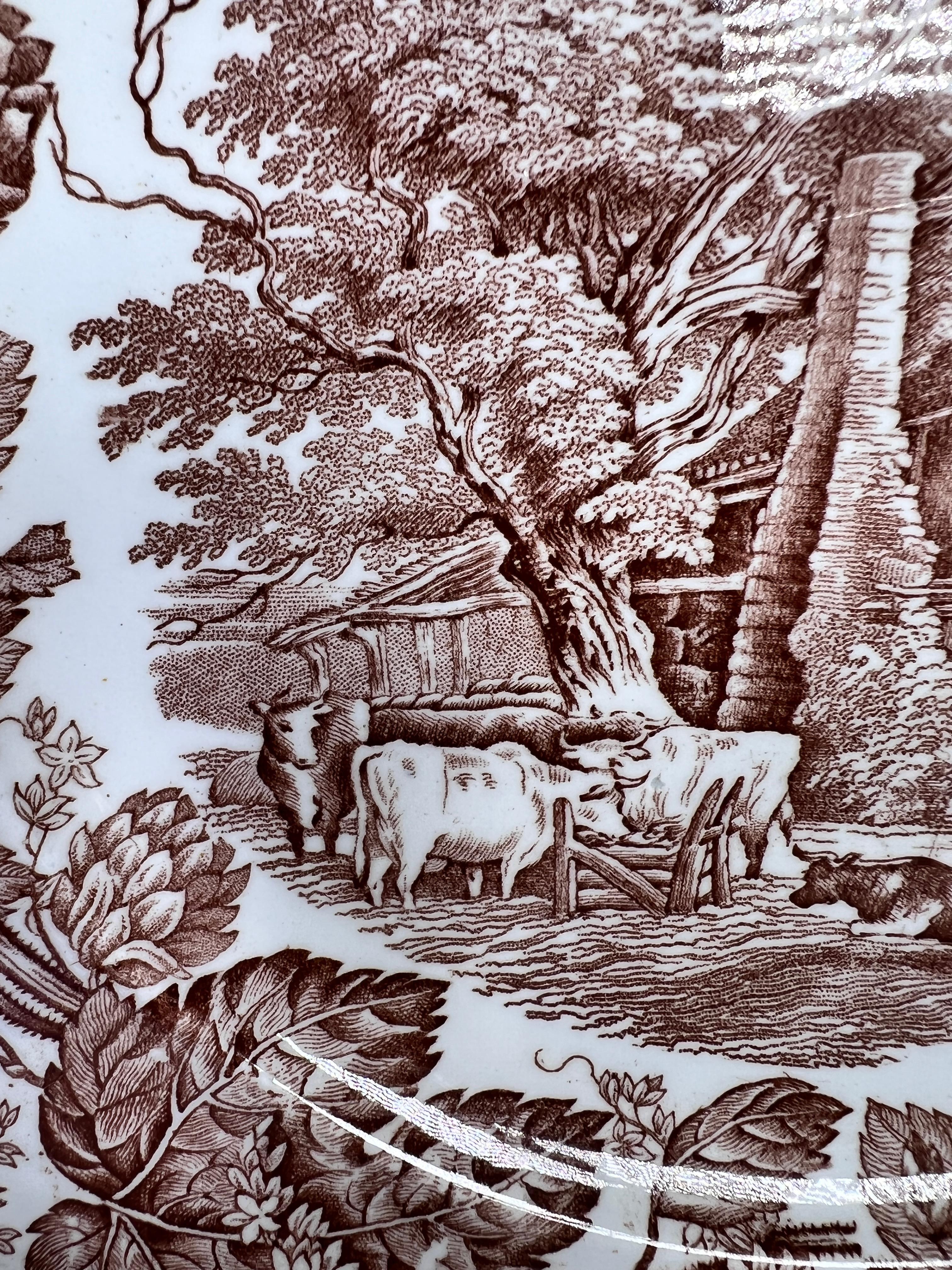 Set of 11 W. T. Copeland Brown Transfer Dinner Plates w/ Cows & Cottage Ca. 1883 In Good Condition For Sale In Great Barrington, MA