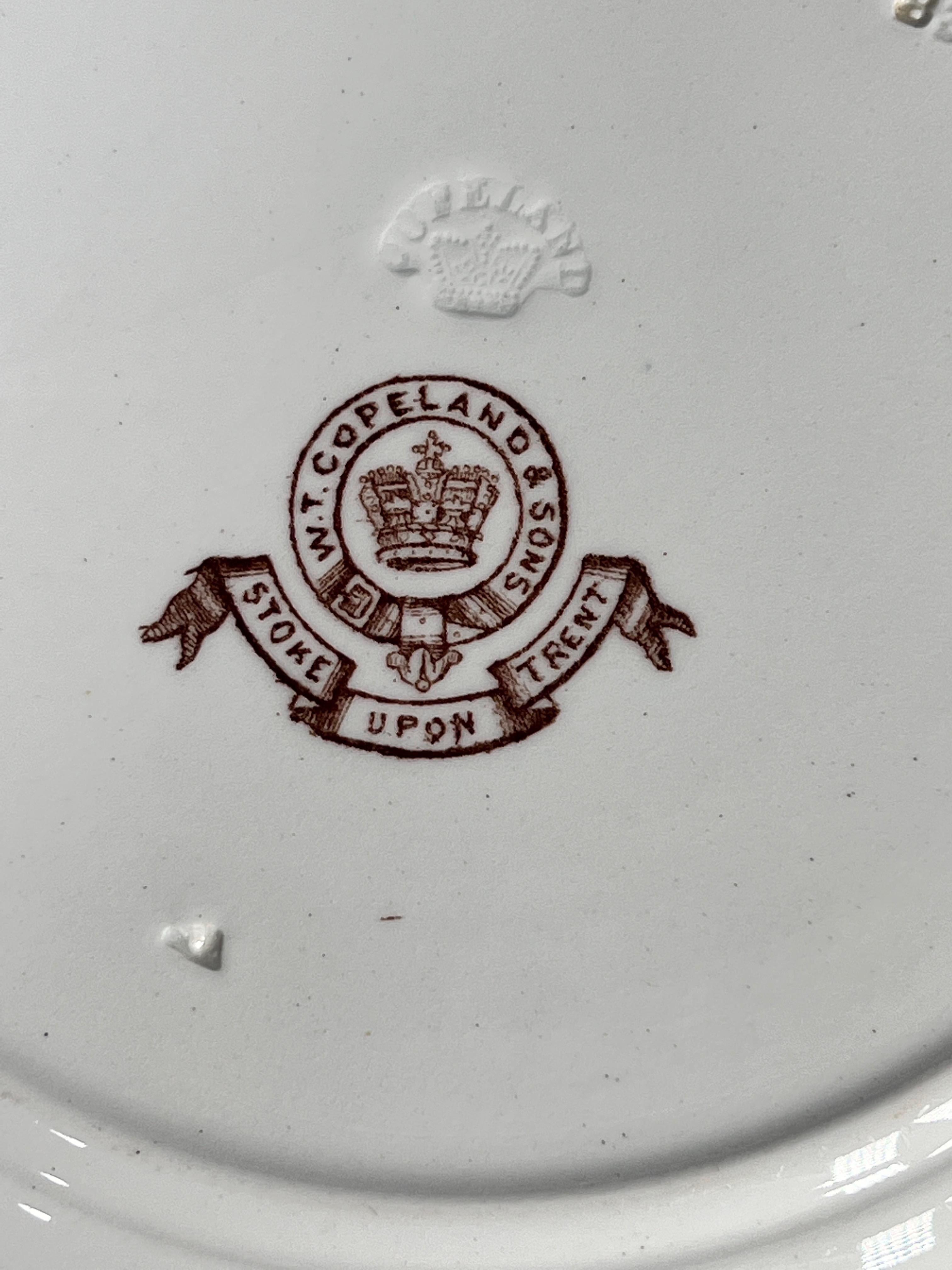 Porcelain Set of 11 W. T. Copeland Brown Transfer Dinner Plates w/ Cows & Cottage Ca. 1883 For Sale