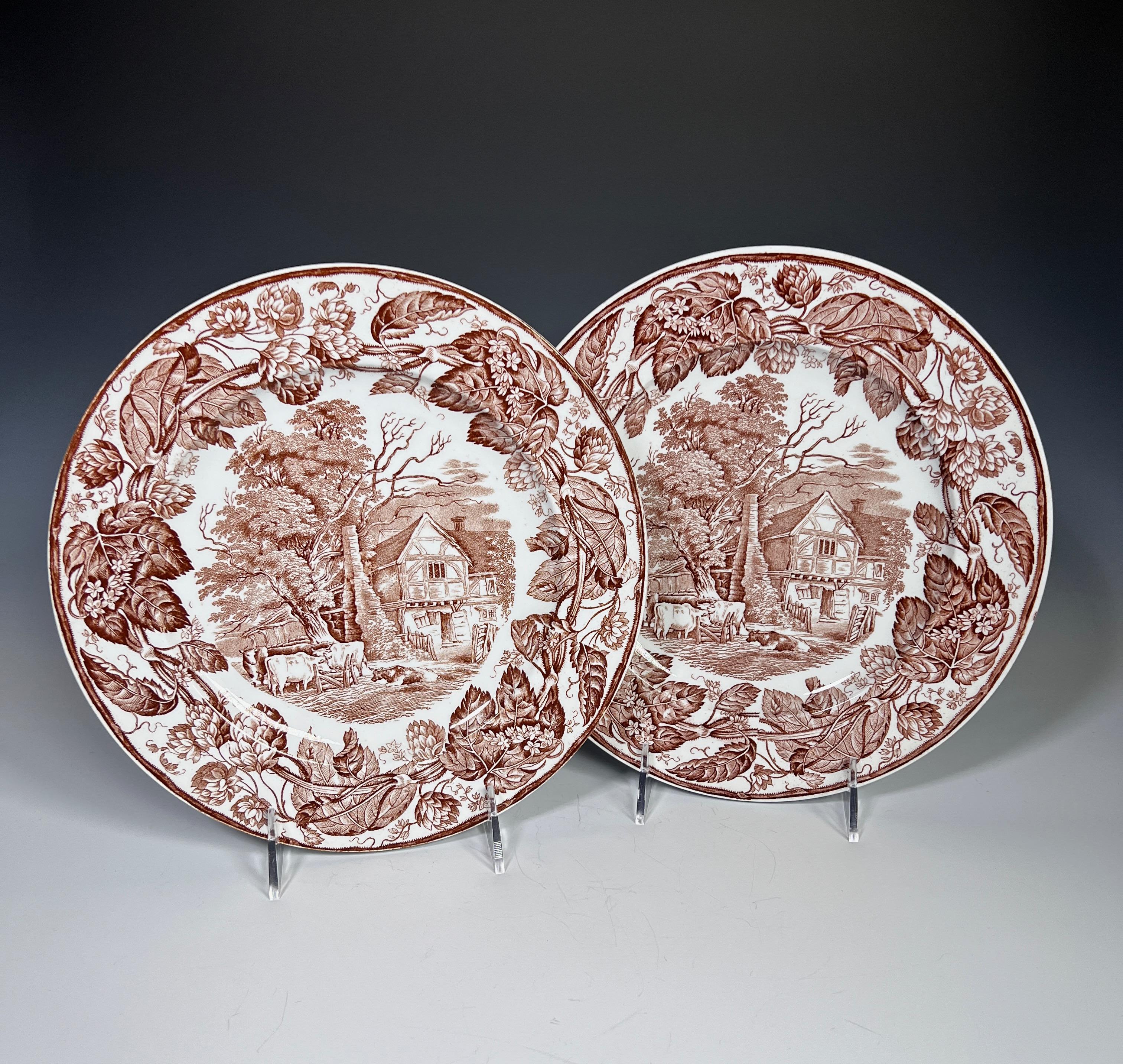 Set of 11 W. T. Copeland Brown Transfer Dinner Plates w/ Cows & Cottage Ca. 1883 For Sale 1