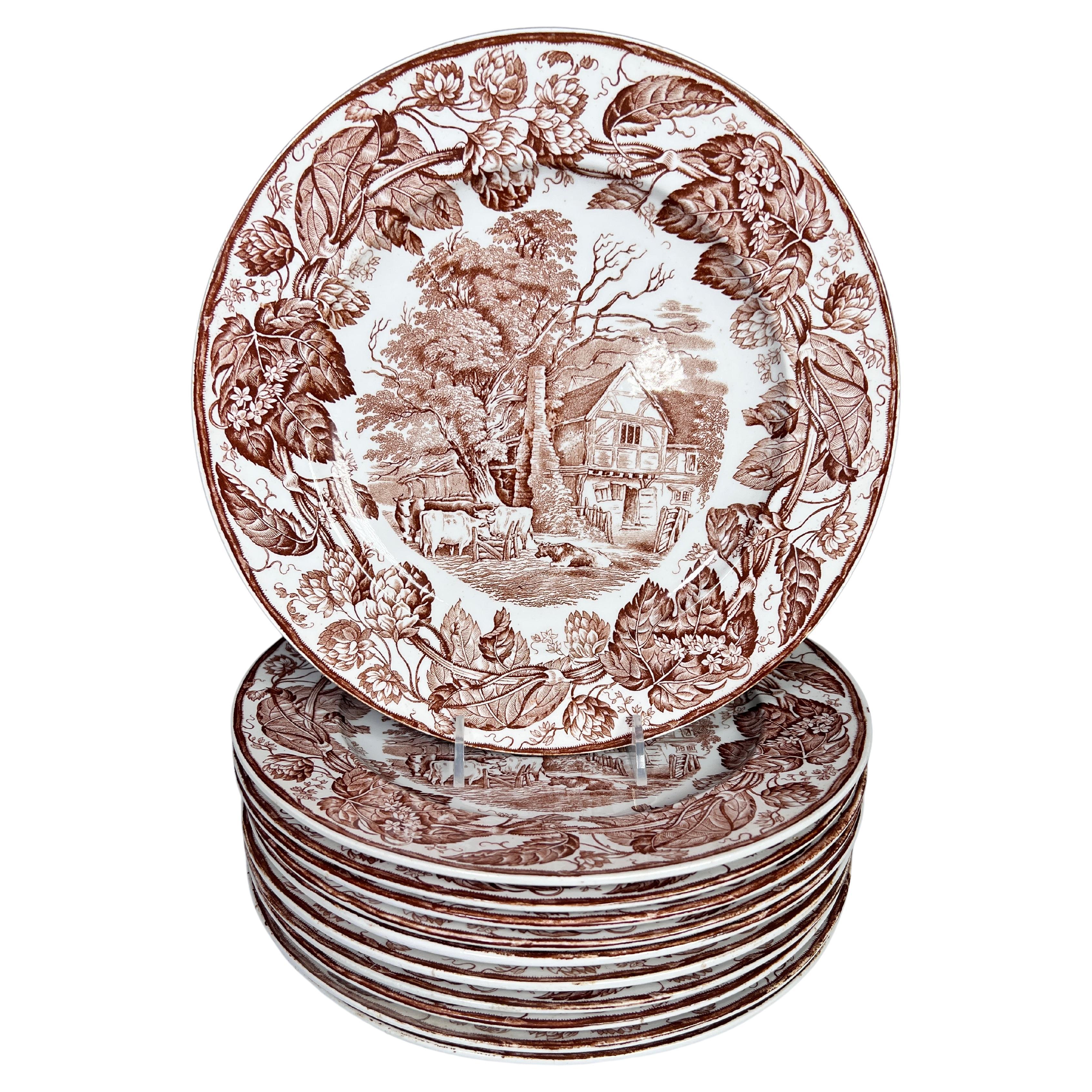 Set of 11 W. T. Copeland Brown Transfer Dinner Plates w/ Cows & Cottage Ca. 1883 For Sale