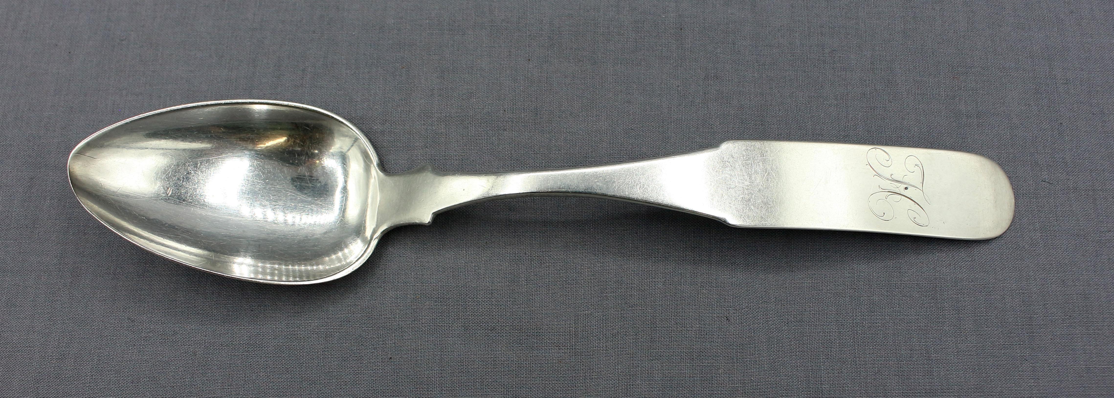 Set of 12 Baltimore, 1816, coin silver tablespoons by John Erwin. A superb set with the assay mark of that year to a purity of 91.66% (sterling is 92.5%). Given the popularity of soups & stews, these were primarily soup spoons of generous size.