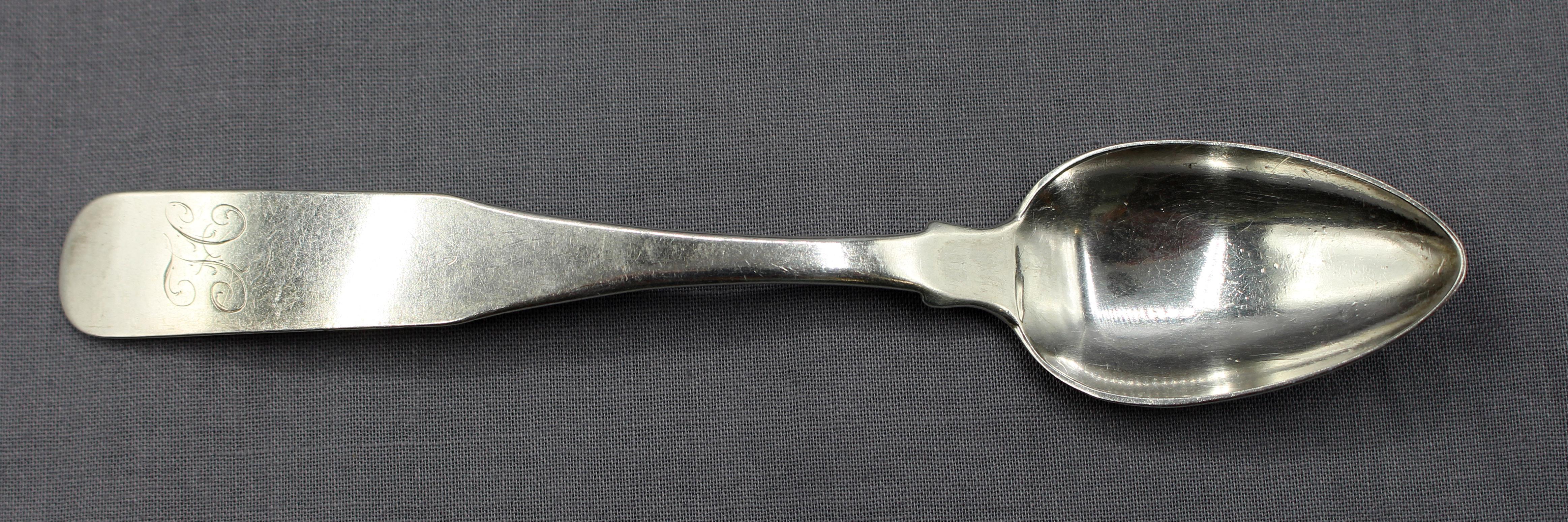 Set of 12 Baltimore 1816 coin silver teaspoons by John Erwin. A rare & fine set with the assy mark of that year to a purity of 91.66% (sterling is 92.5%). Elongated, graceful handles with chamfered, pointed shoulders. Monogram 