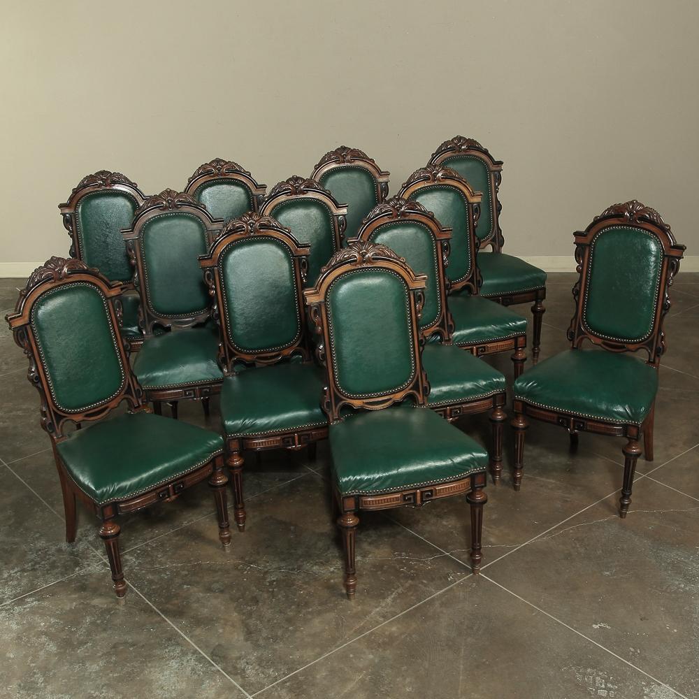 Hand-Carved Set of 12 19th Century French Napoleon III Period Walnut Dining Chairs