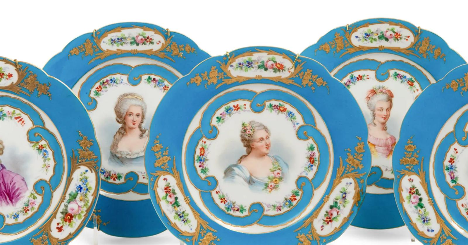 A set of 12 sèvres porcelain plates from the late 19th century. Includes eight plates and four footed cake plates, each with Louis Philippe monogram and identification on the undersides. 

Diameters vary from 9.25 to 9.5 inches.