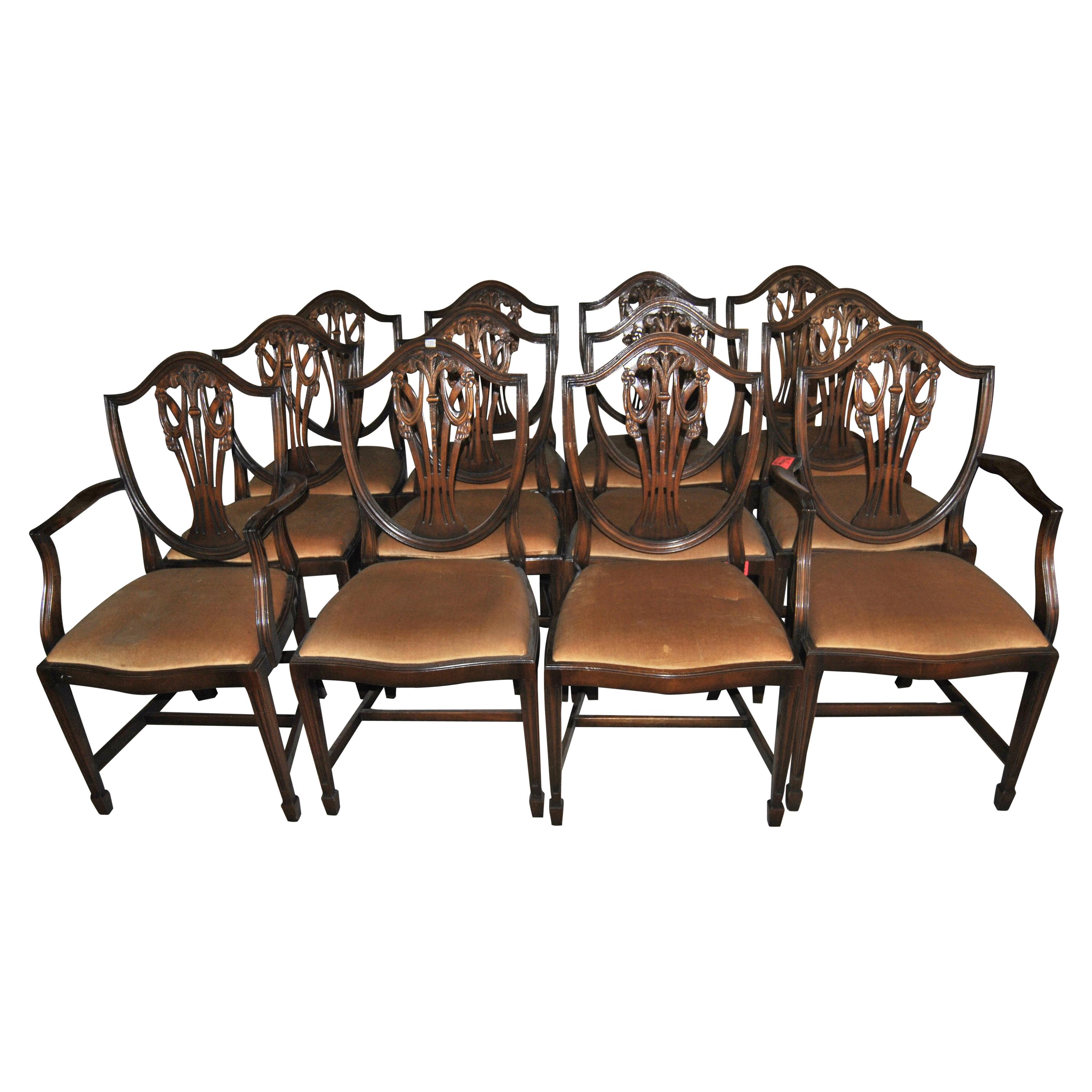 Set of 12 20th Century English Mahogany Hepplewhite Style Shield Back Chairs
