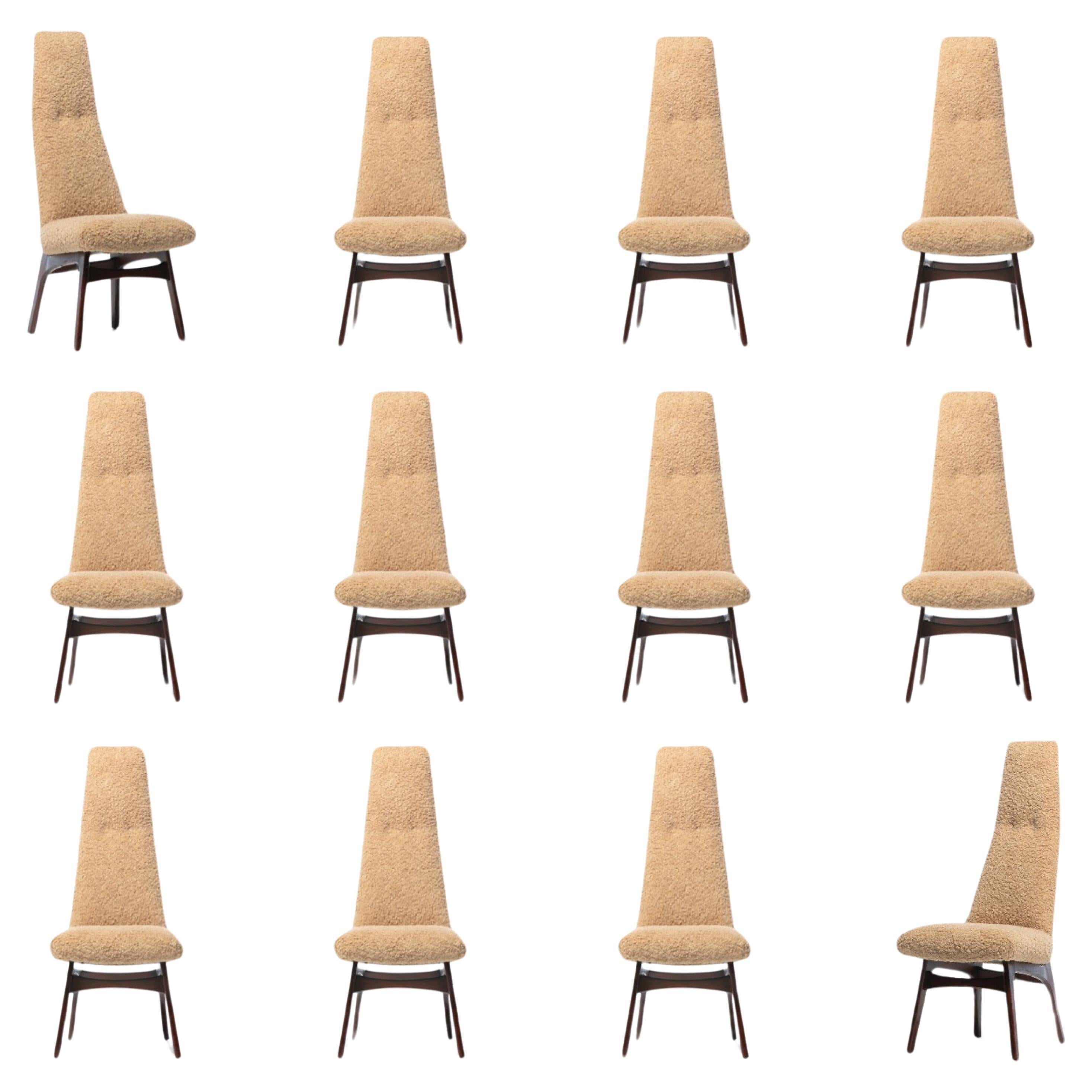12er-Set Adrian Pearsall Skulpturale Esszimmerstühle mit hoher Rückenlehne aus Latte Bouclé