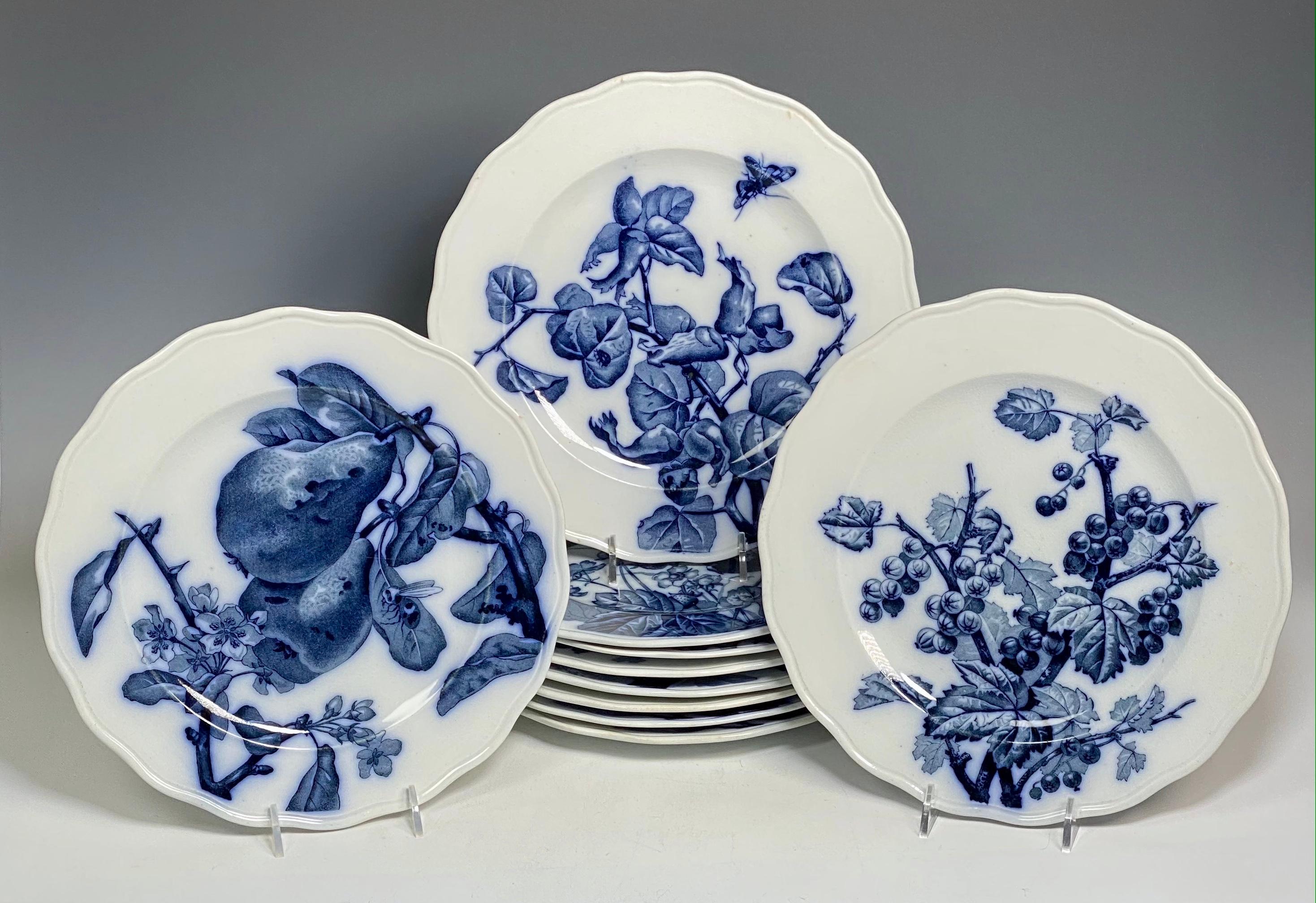 Classic 19th C. Aesthetic Movement decoration is featured on this set of 12 indigo blue unusual plates featuring different fruit subjects. They offer realistically depicted fruits in the Aesthetic taste and they are the 
