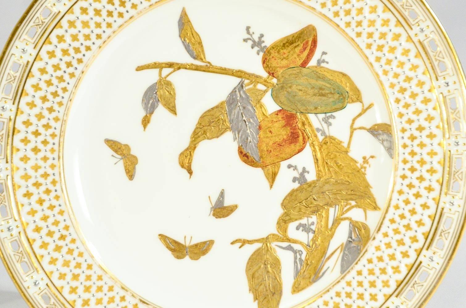 Gilt Set of 12 Aesthetic Movement Handpainted Fruit Raised Gold 19th c Cabinet Plates For Sale