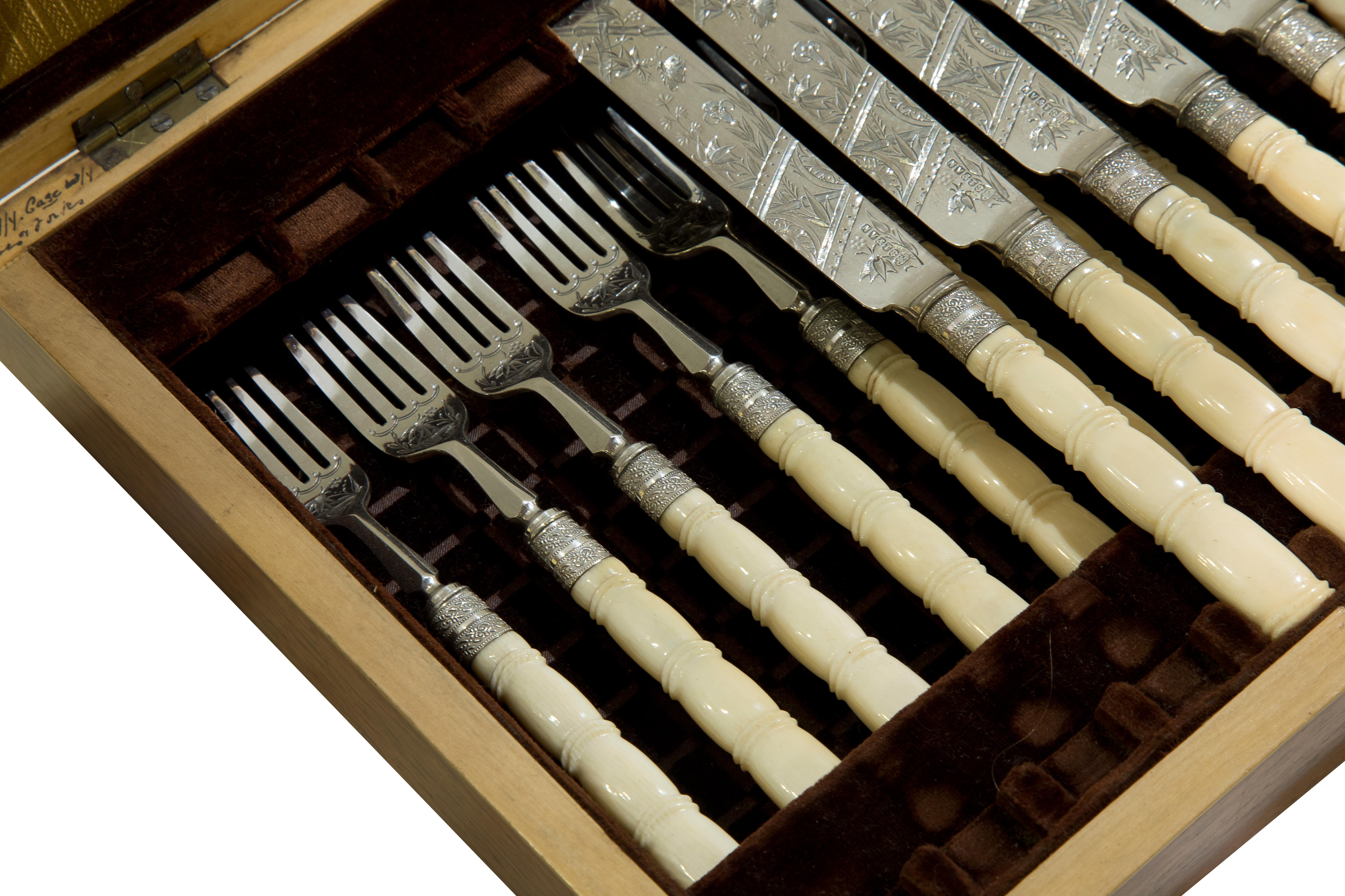 Bone Set of 12 Aesthetic Movement Knives and Forks in Original Box, circa 1870