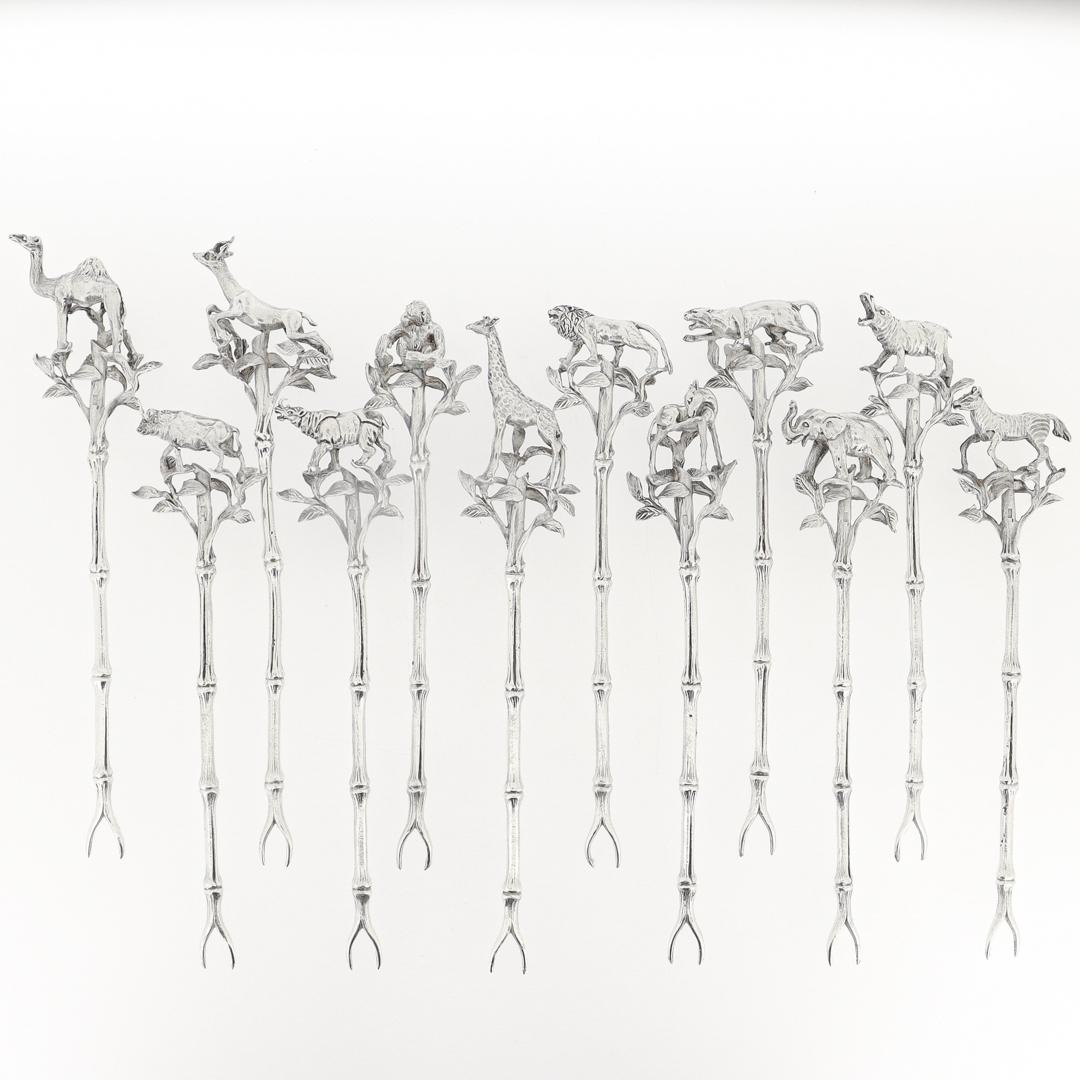 Modern Set of 12 African Safari-Themed Sterling Silver Cocktail Picks with Animals For Sale