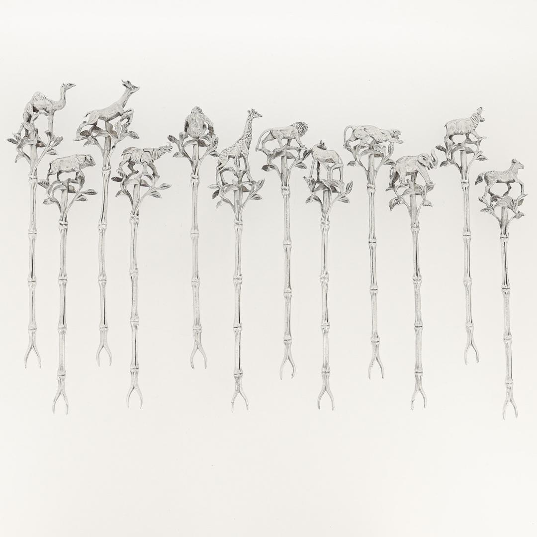 American Set of 12 African Safari-Themed Sterling Silver Cocktail Picks with Animals For Sale