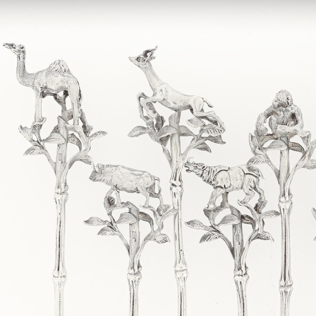 Set of 12 African Safari-Themed Sterling Silver Cocktail Picks with Animals For Sale 1