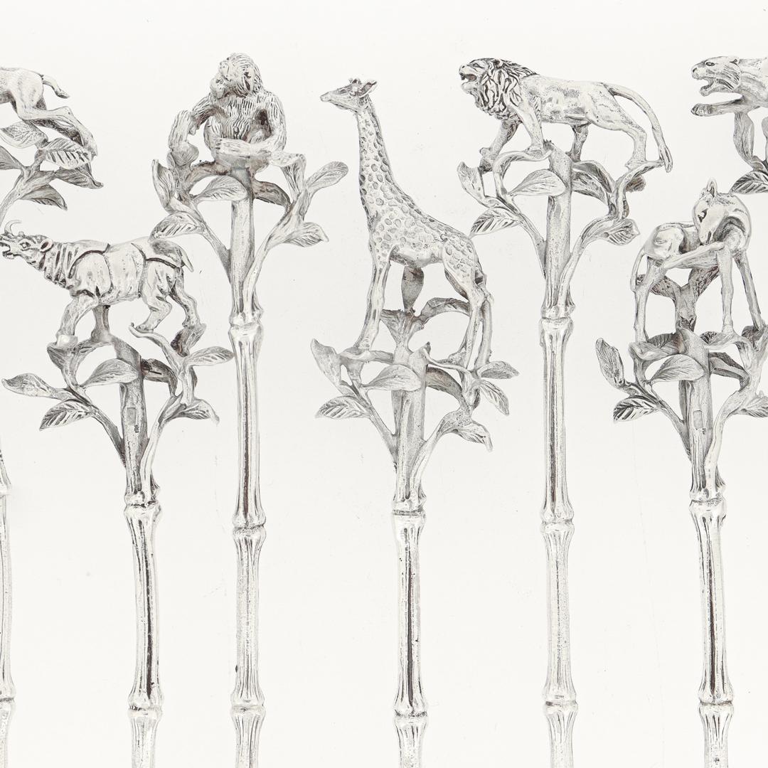 Set of 12 African Safari-Themed Sterling Silver Cocktail Picks with Animals For Sale 2
