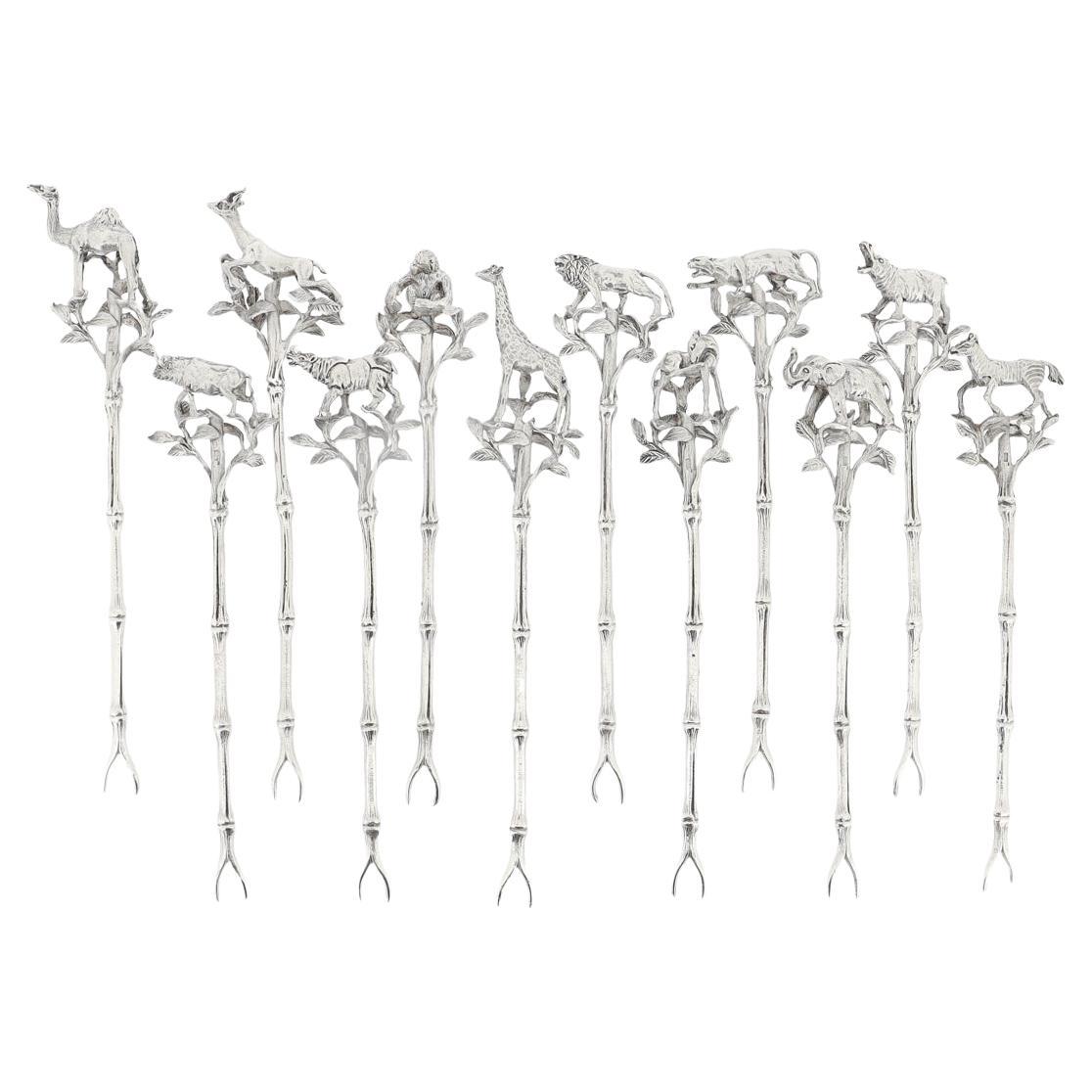 Set of 12 African Safari-Themed Sterling Silver Cocktail Picks with Animals For Sale