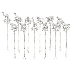 Vintage Set of 12 African Safari-Themed Sterling Silver Cocktail Picks with Animals