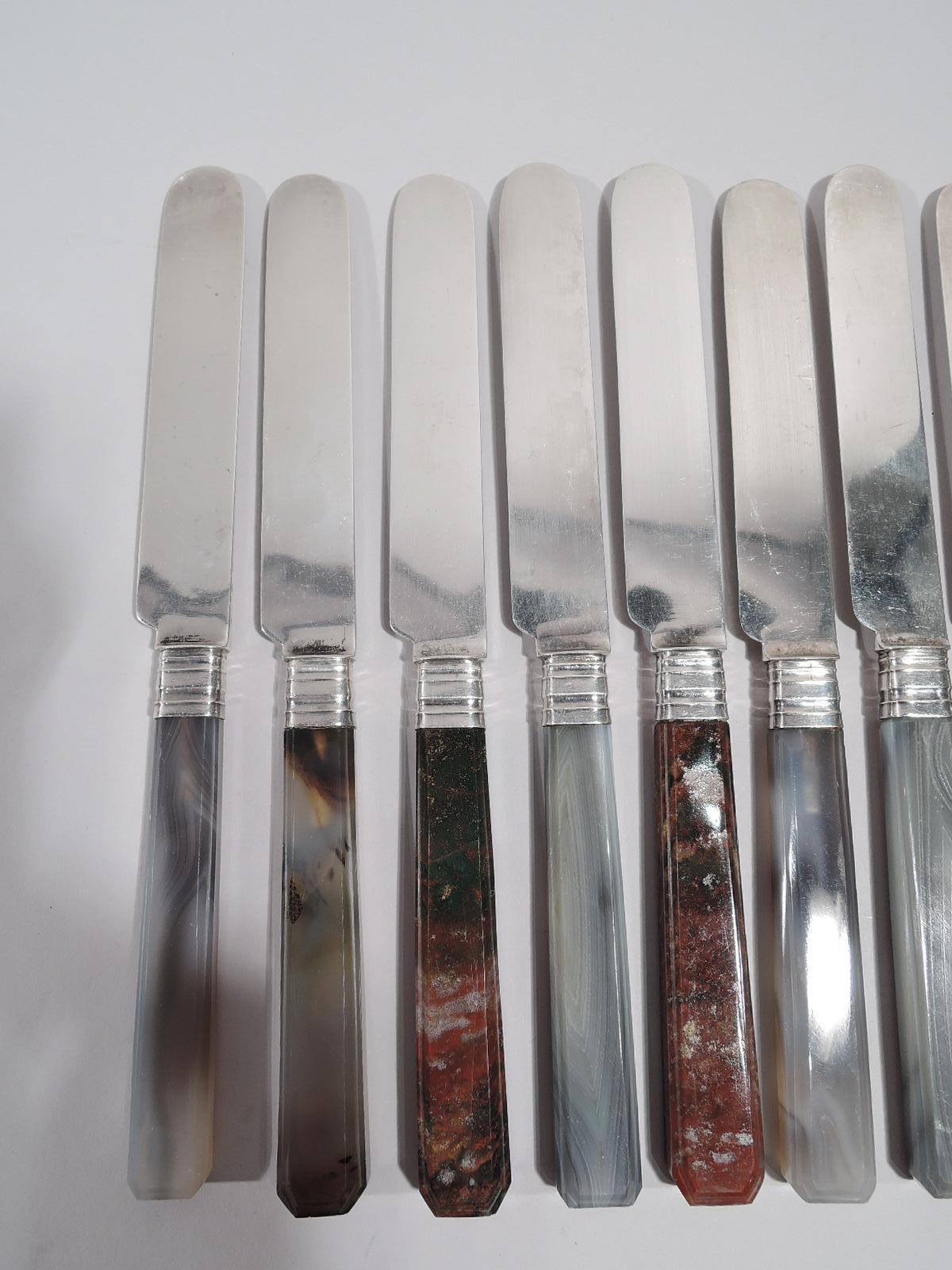 American Classical Set of 12 Albert Coles New York Coin Silver and Agate Dessert Knives
