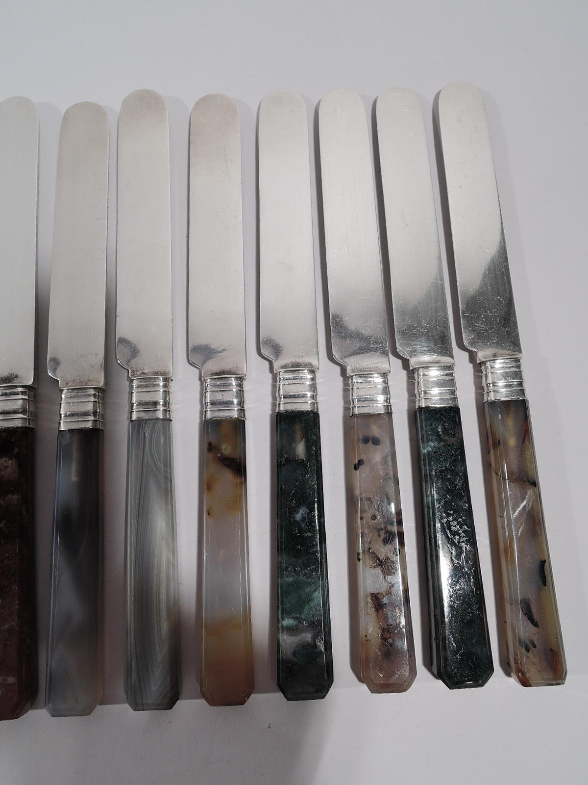 American Set of 12 Albert Coles New York Coin Silver and Agate Dessert Knives