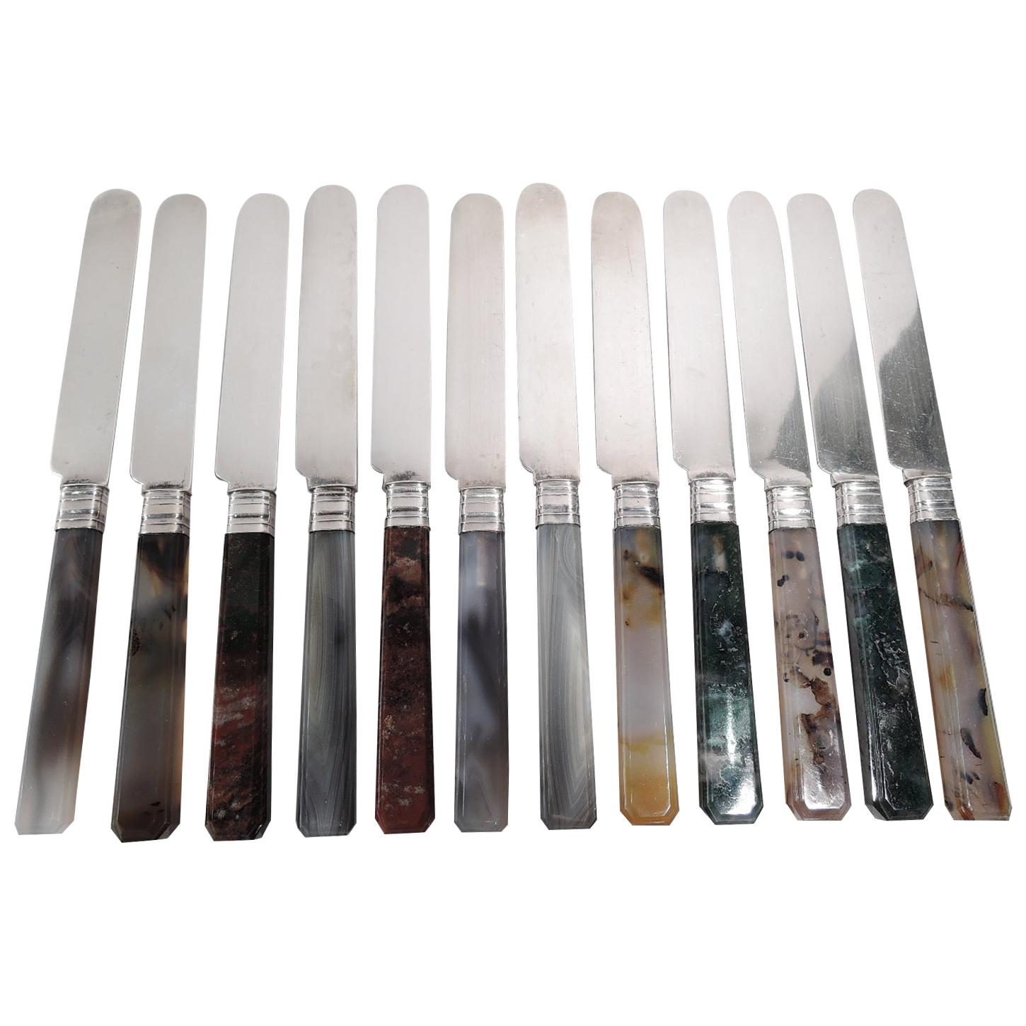 Set of 12 Albert Coles New York Coin Silver and Agate Dessert Knives