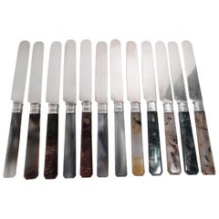 Set of 12 Albert Coles New York Coin Silver and Agate Dessert Knives