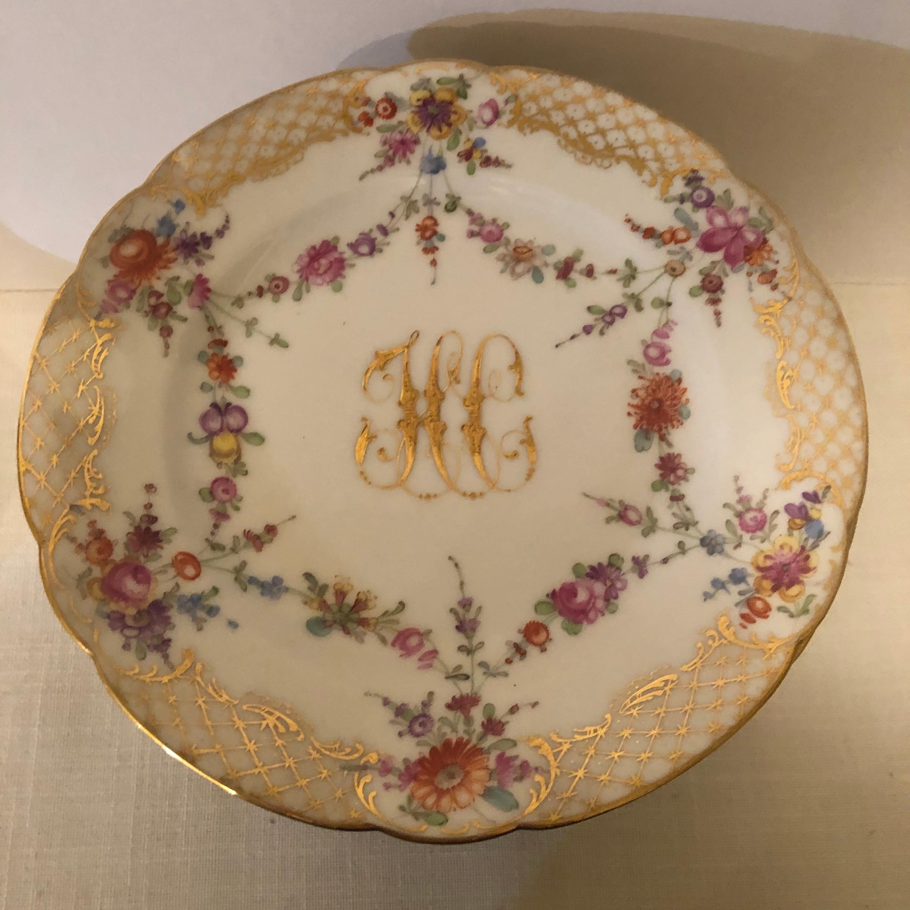 German Set of 12 Ambrosius Lamm Dresden Dessert Plates Painted with Ribbons of Flowers