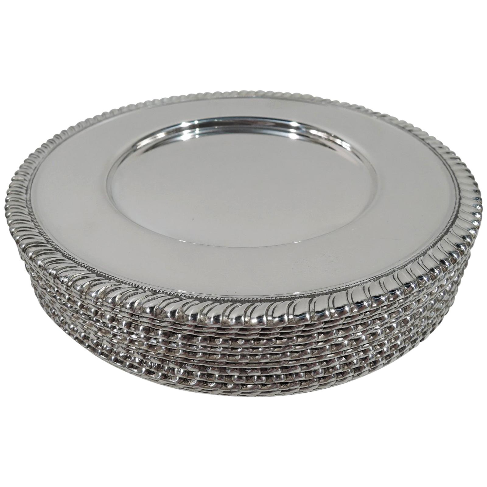 Set of 12 American Art Deco Modern Sterling Silver Bread and Butter Plates