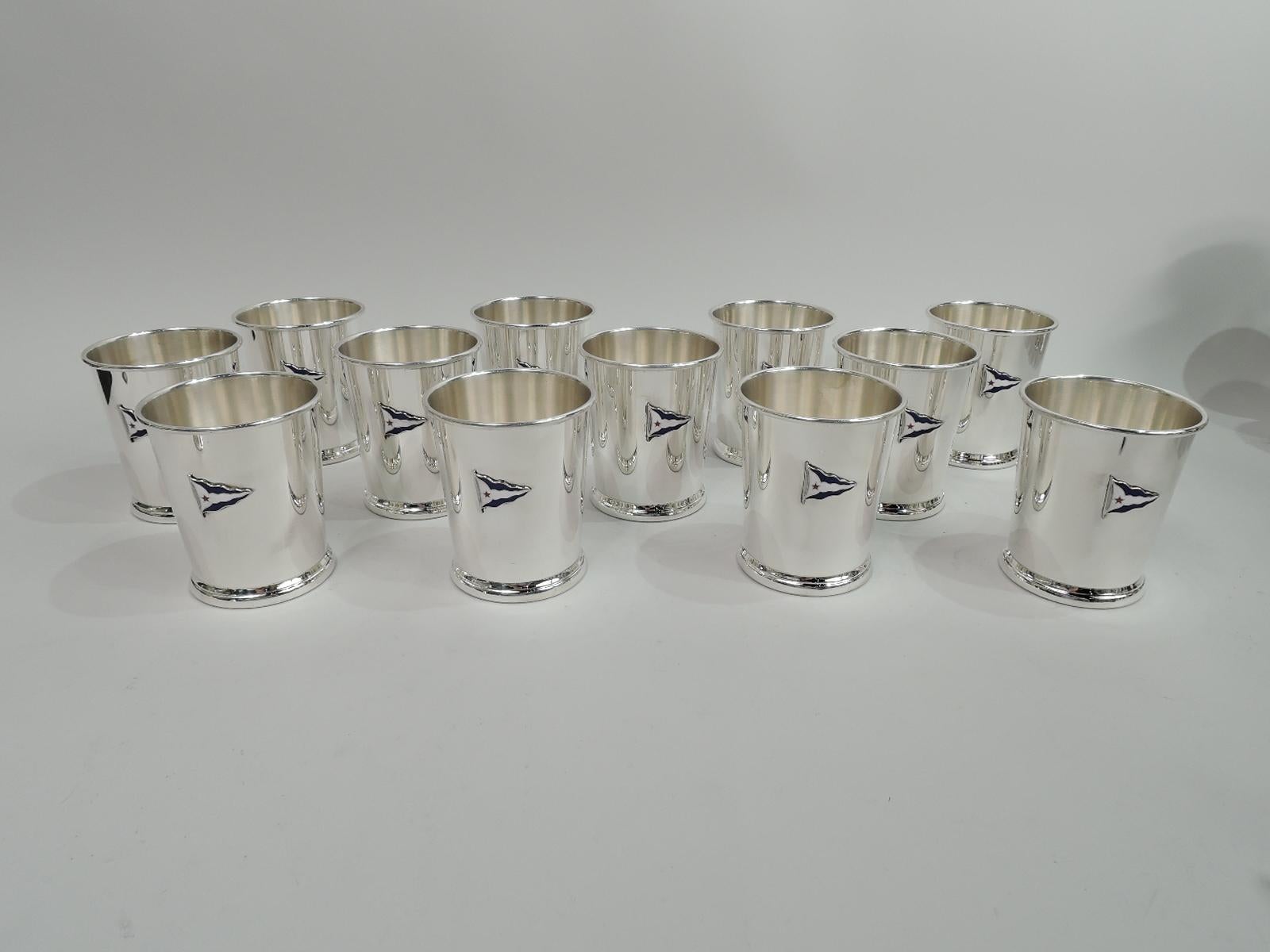 Set of 12 sterling silver mint julep cups. Each: Straight and tapering sides and skirted foot. Applied enamel burgee for Chicago Yacht Club. Fully marked including stamp for Web Silver Co., a Philadelphia maker active in the 3rd quarter of the 20th