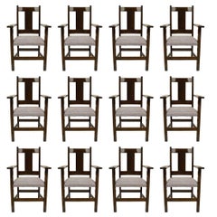 Antique Set of 12 American Mission Oak Dining Arm Chairs