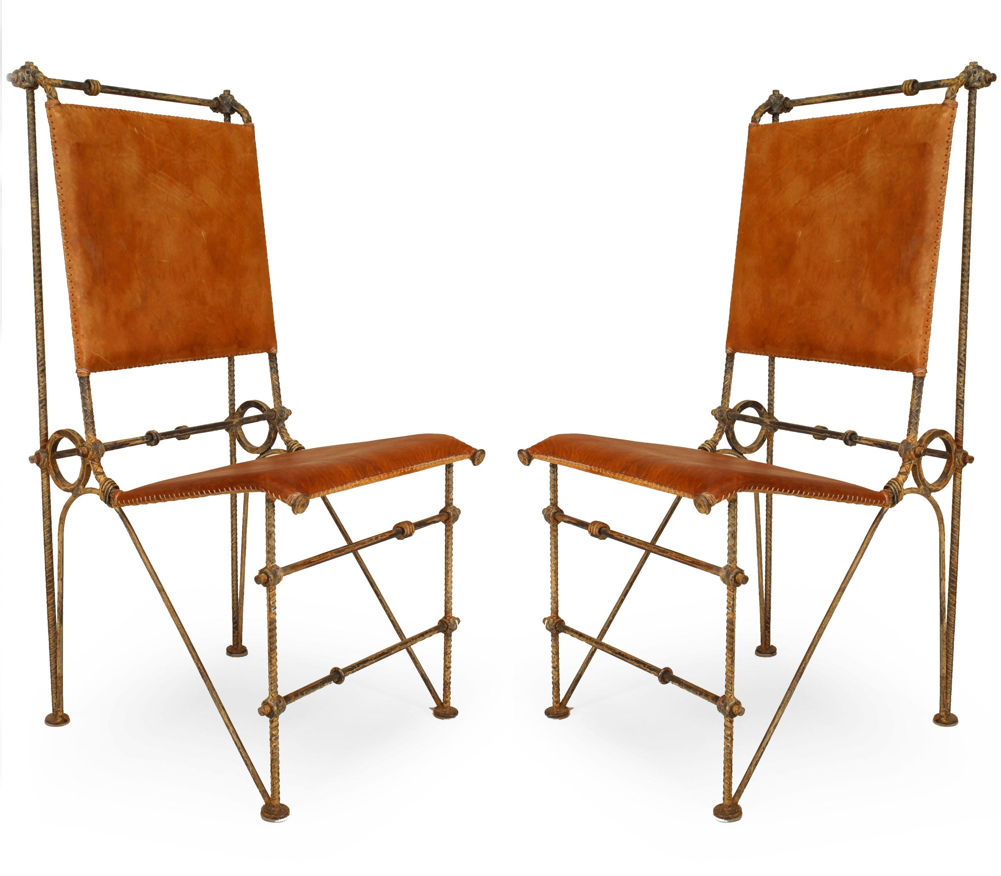 Set of 12 American Post-War Design side chairs made of hand wrought iron rebar with saddle leather seat and back (designed by ILANA GOOR, circa 1985)
