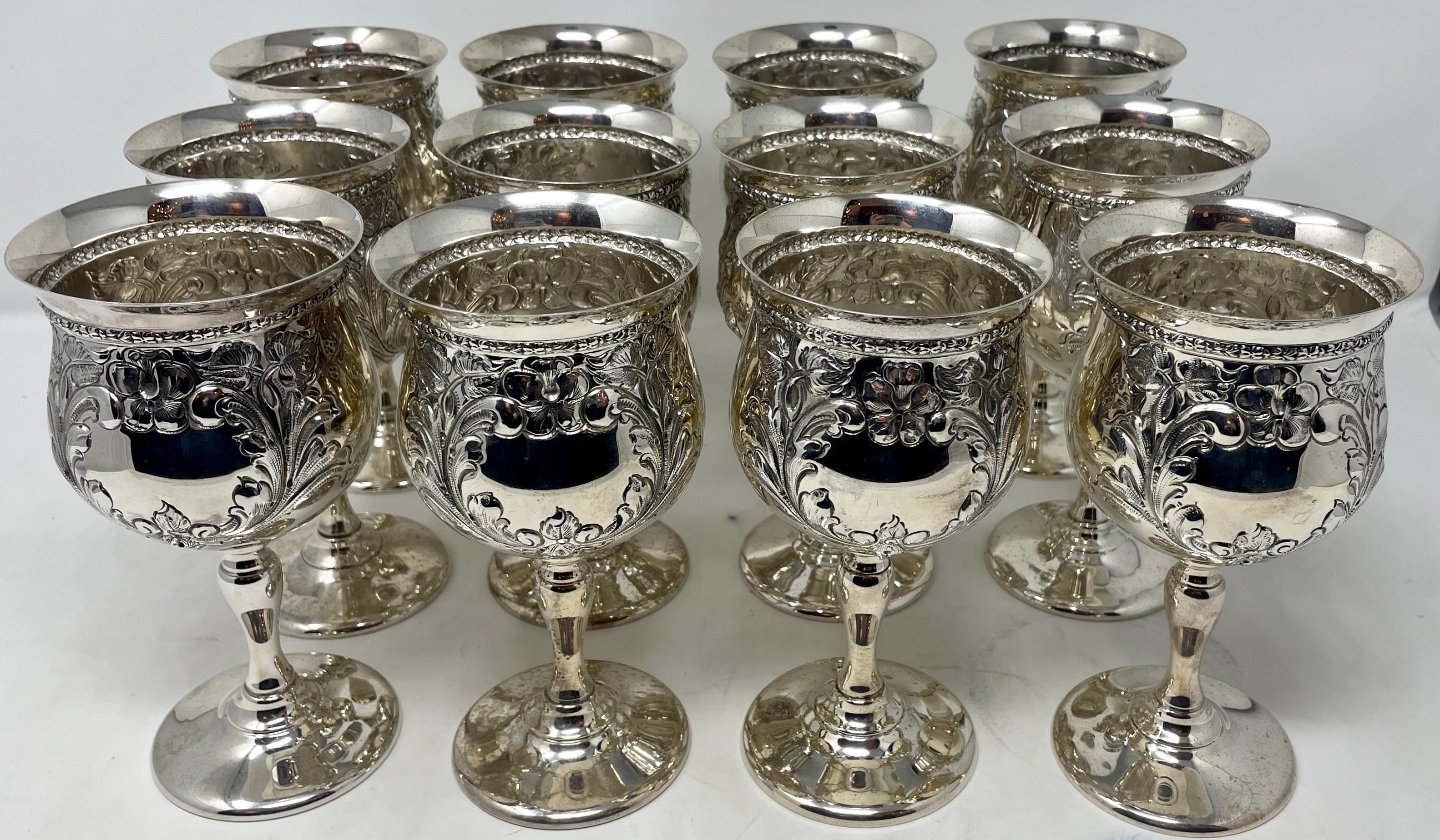 Set of 12 antique American sterling silver goblets with violet pattern by Fisher Silversmiths.