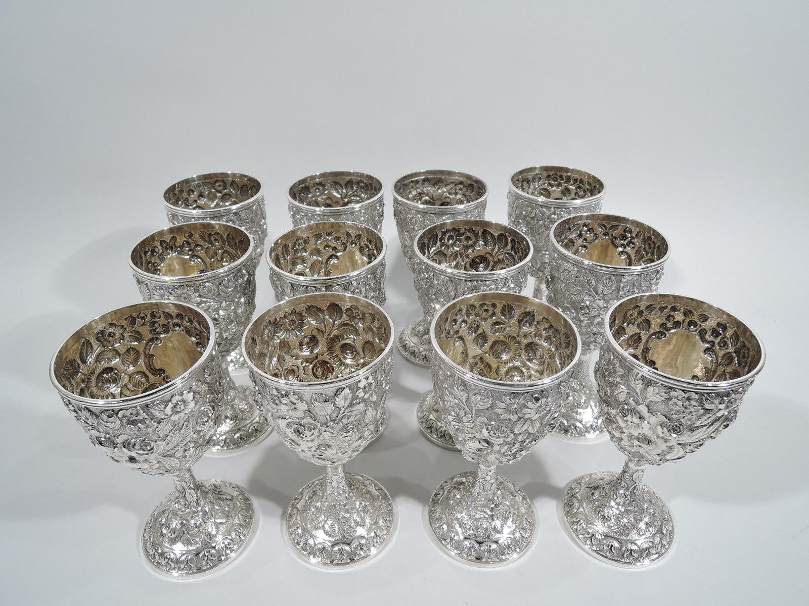 Victorian Set of 12 Antique American Sterling Silver Goblets with Baltimore-Style Repousse