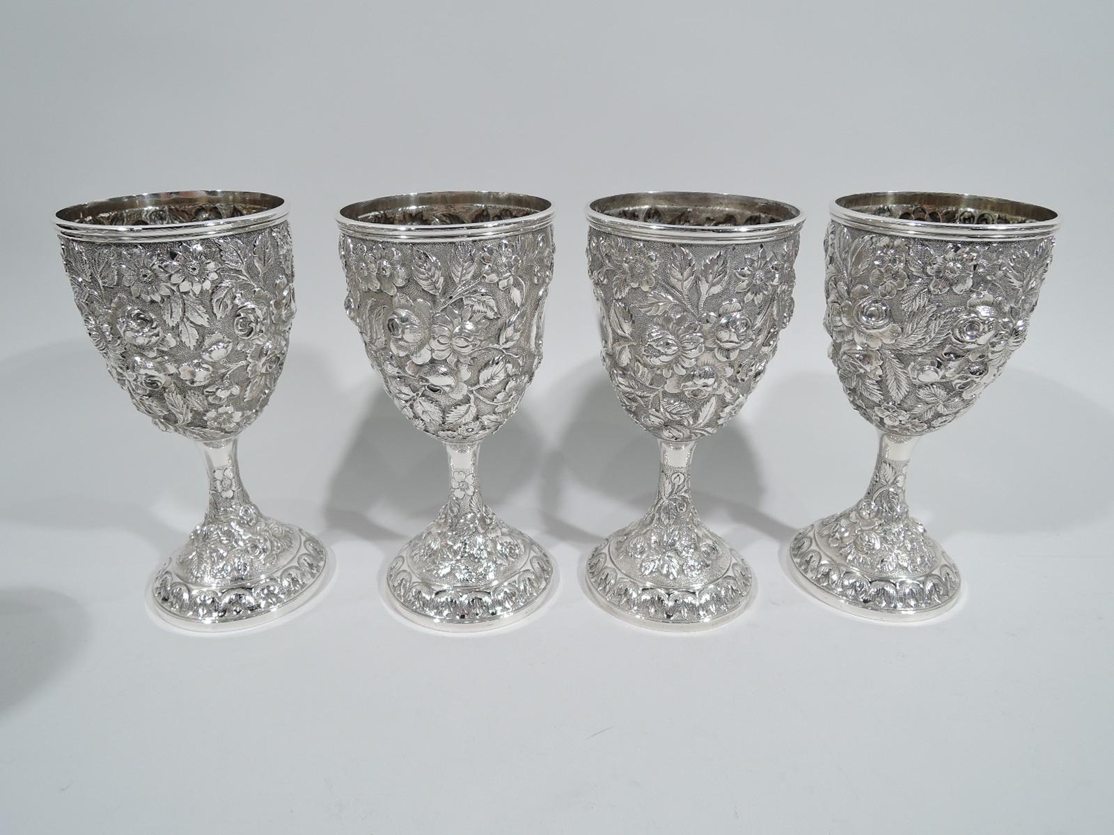 Repoussé Set of 12 Antique American Sterling Silver Goblets with Baltimore-Style Repousse