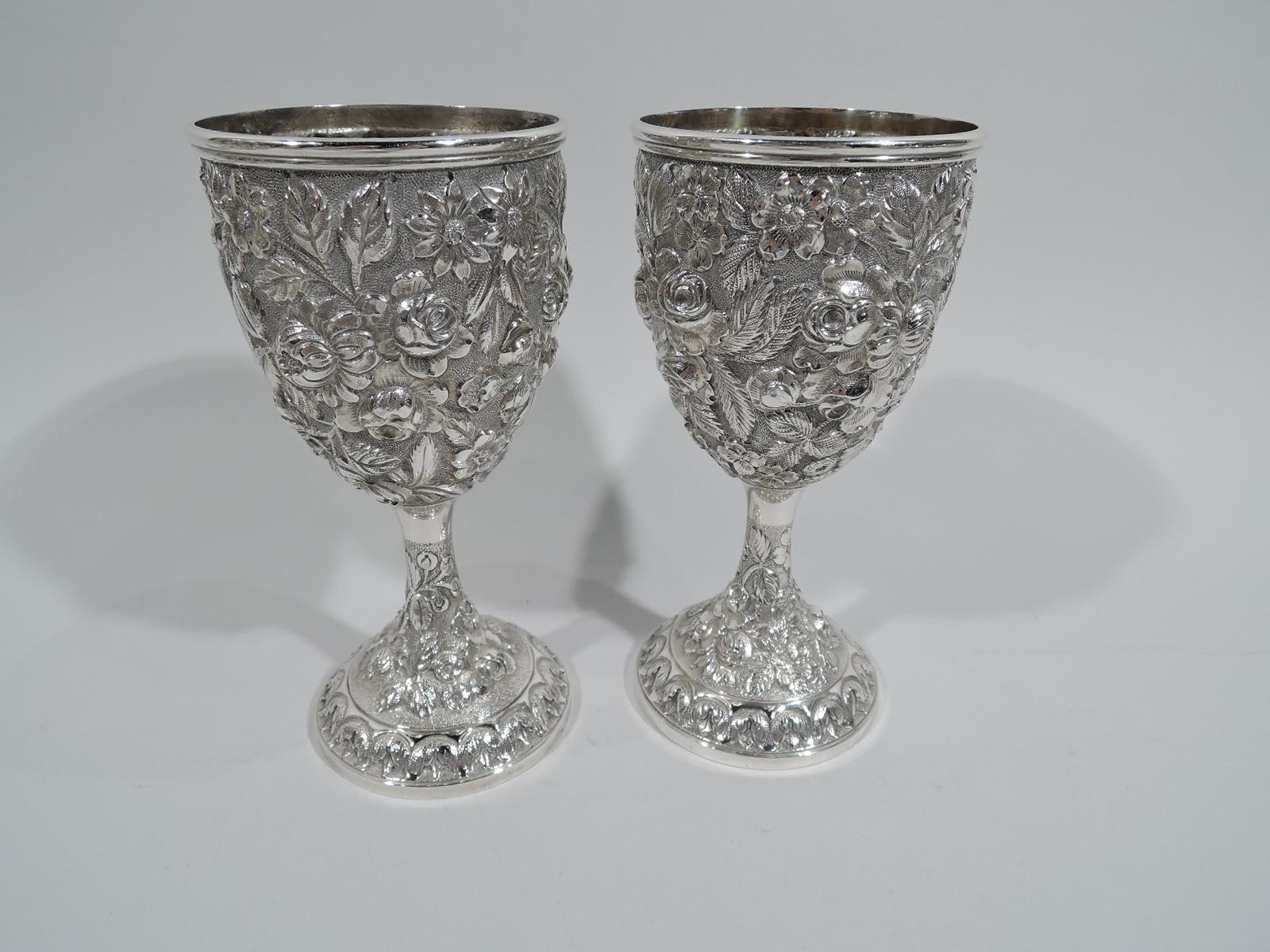 Set of 12 Antique American Sterling Silver Goblets with Baltimore-Style Repousse In Excellent Condition In New York, NY