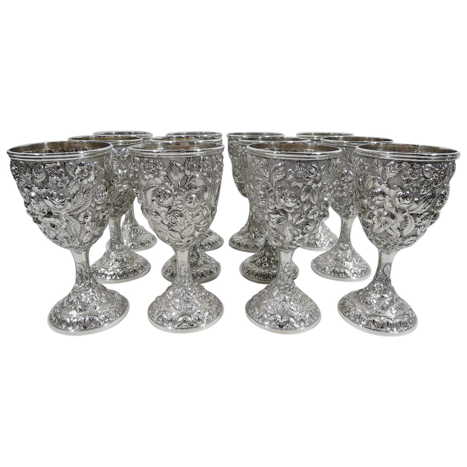 Set of 12 Antique American Sterling Silver Goblets with Baltimore-Style Repousse