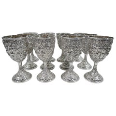 Set of 12 Antique American Sterling Silver Goblets with Baltimore-Style Repousse