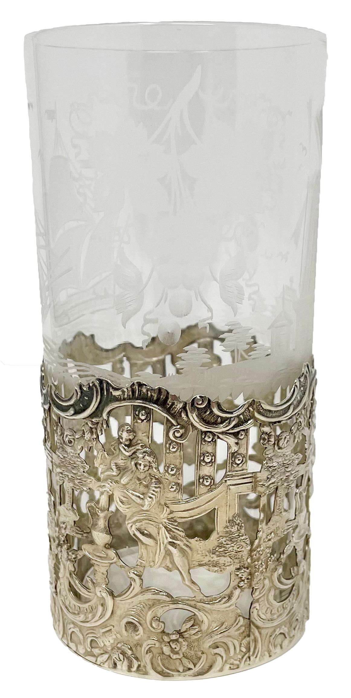 20th Century Set of 12 Antique American Sterling Silver Mounted Hand-Etched Highball Glasses. For Sale